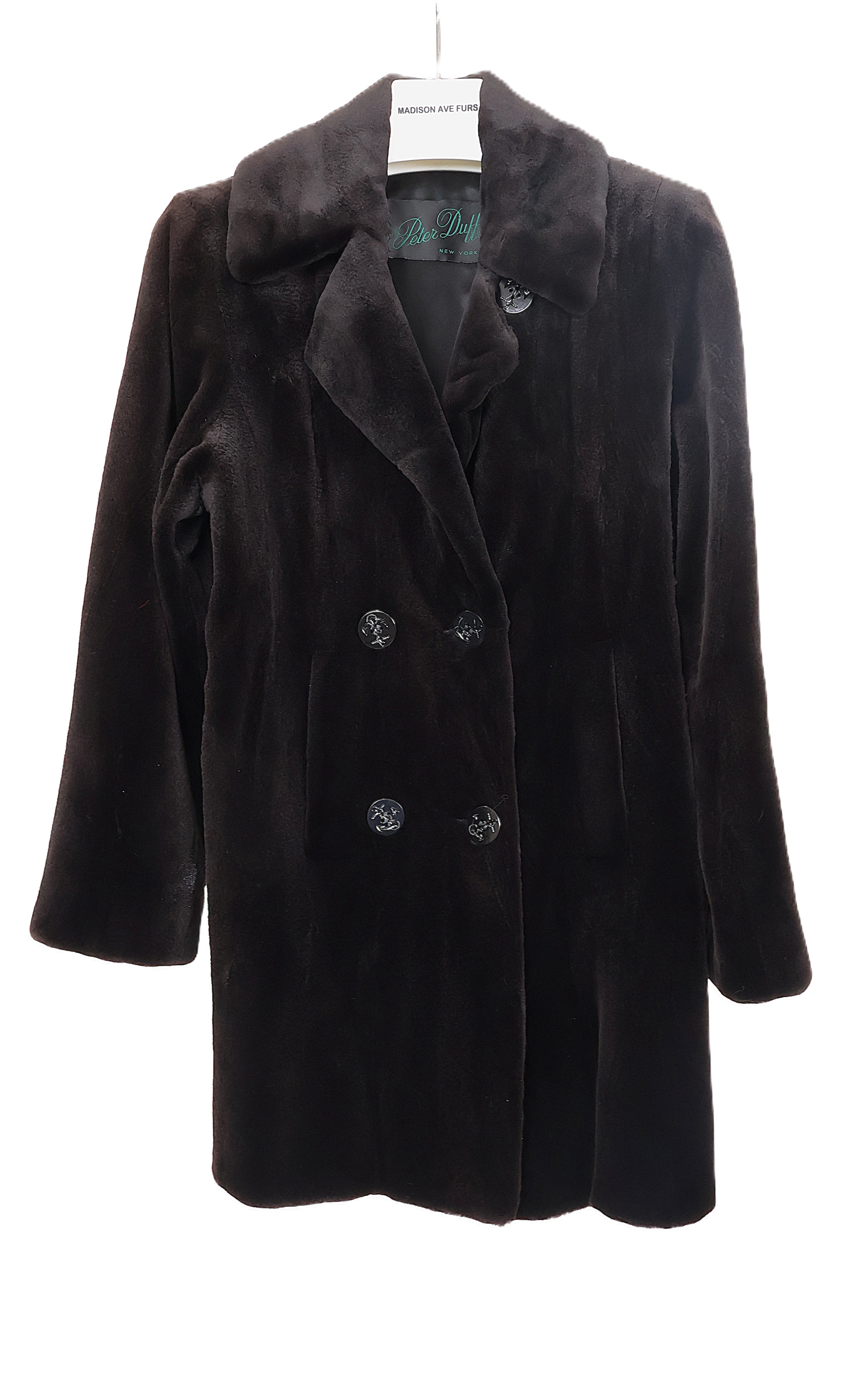 PRE-OWNED DARK BROWN DYED SHEARED MINK DOUBLE BREASTED 3/4 JACKET W/ NOTCH COLLAR & STRAIGHT SLEEVES