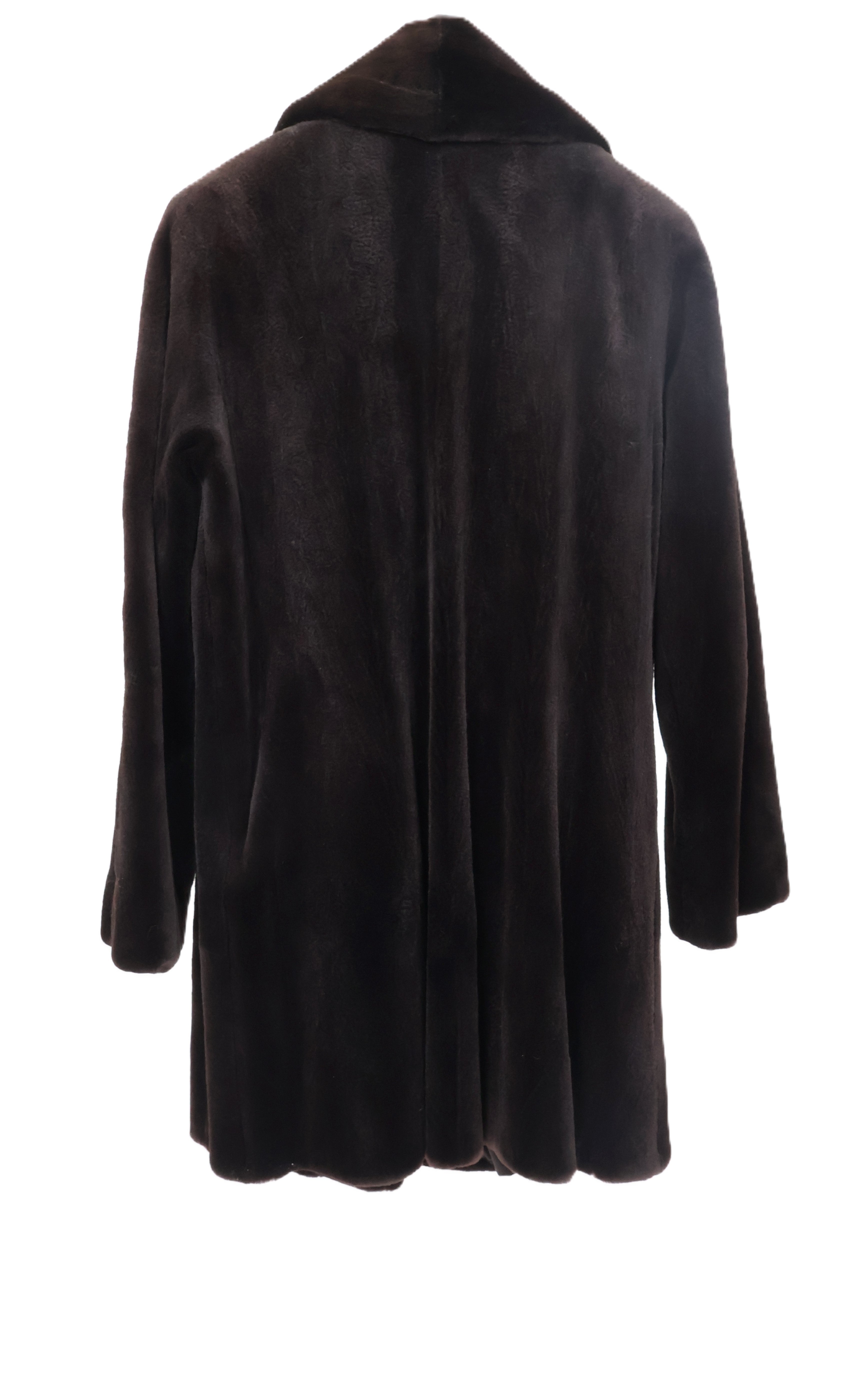 PRE-OWNED DARK BROWN DYED SHEARED MINK DOUBLE BREASTED 3/4 JACKET W/ NOTCH COLLAR & STRAIGHT SLEEVES