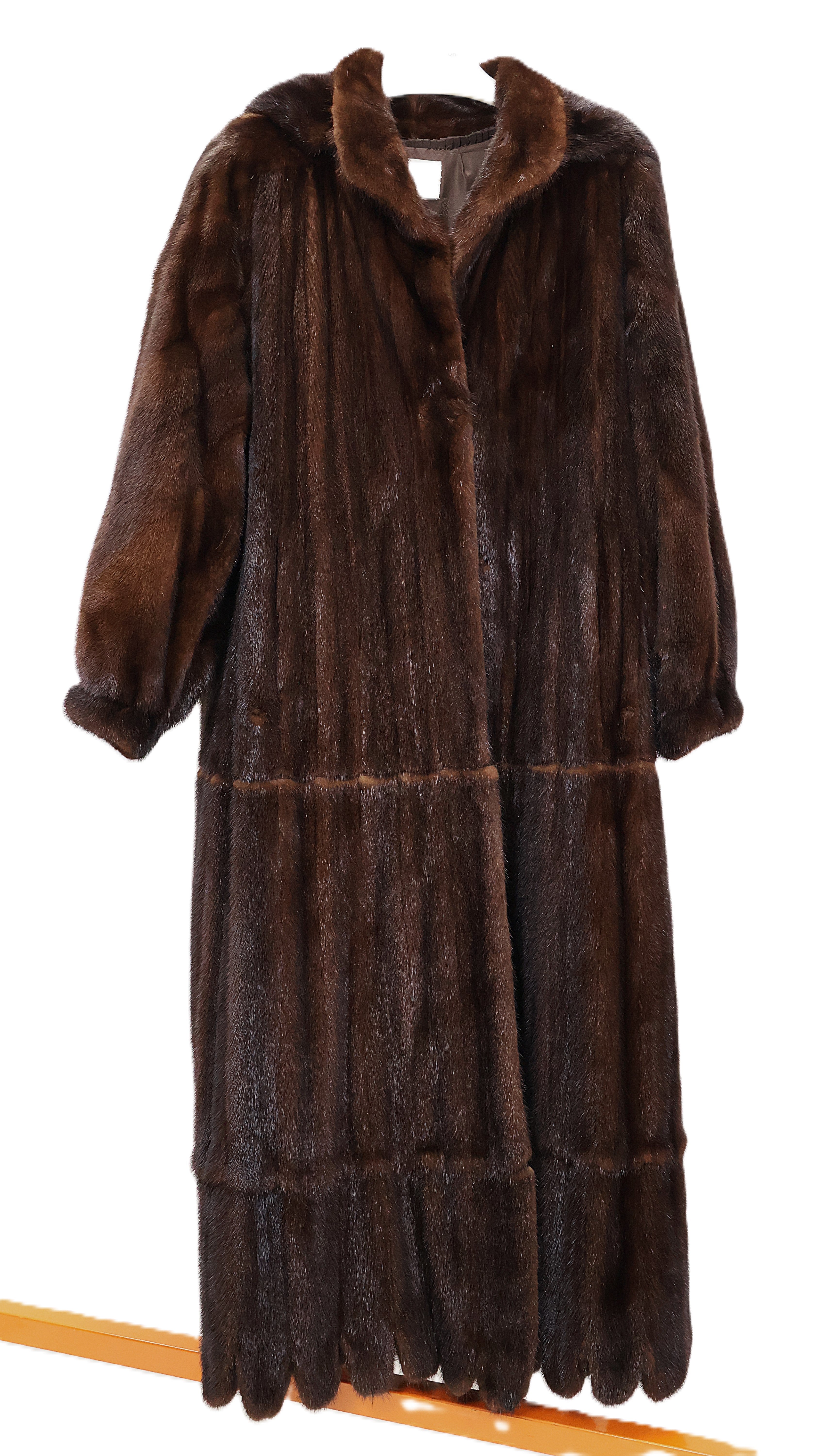 PRE-OWNED NATURAL MAHOGANY MINK 3-TIER COAT CONVERTABLE TO 7/8 COAT ANDJACKET W/ WING COLLAR, DETACHABLE HOOD, BANDED CUFFS & SCALLOPED HEM