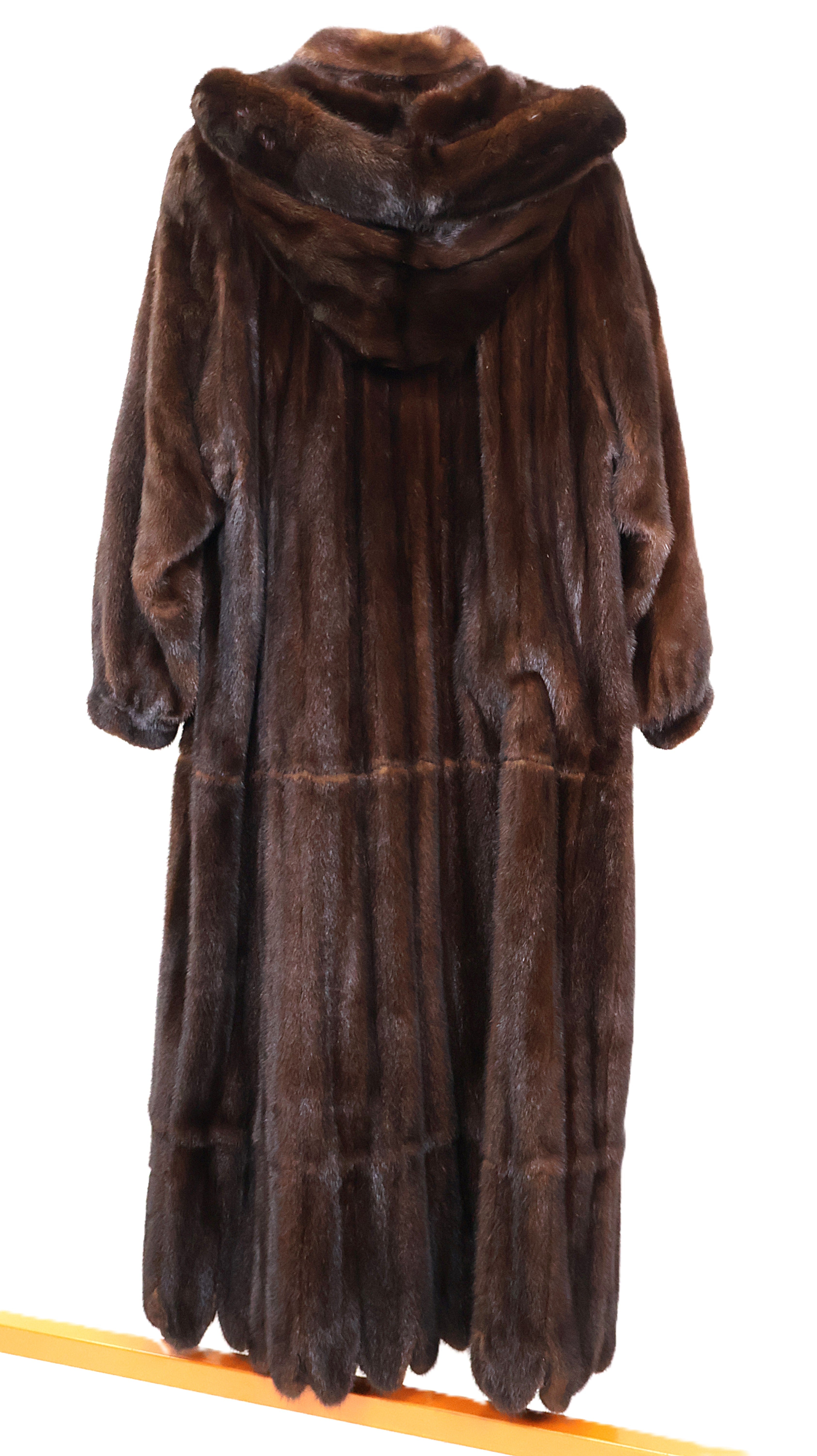PRE-OWNED NATURAL MAHOGANY MINK 3-TIER COAT CONVERTABLE TO 7/8 COAT ANDJACKET W/ WING COLLAR, DETACHABLE HOOD, BANDED CUFFS & SCALLOPED HEM