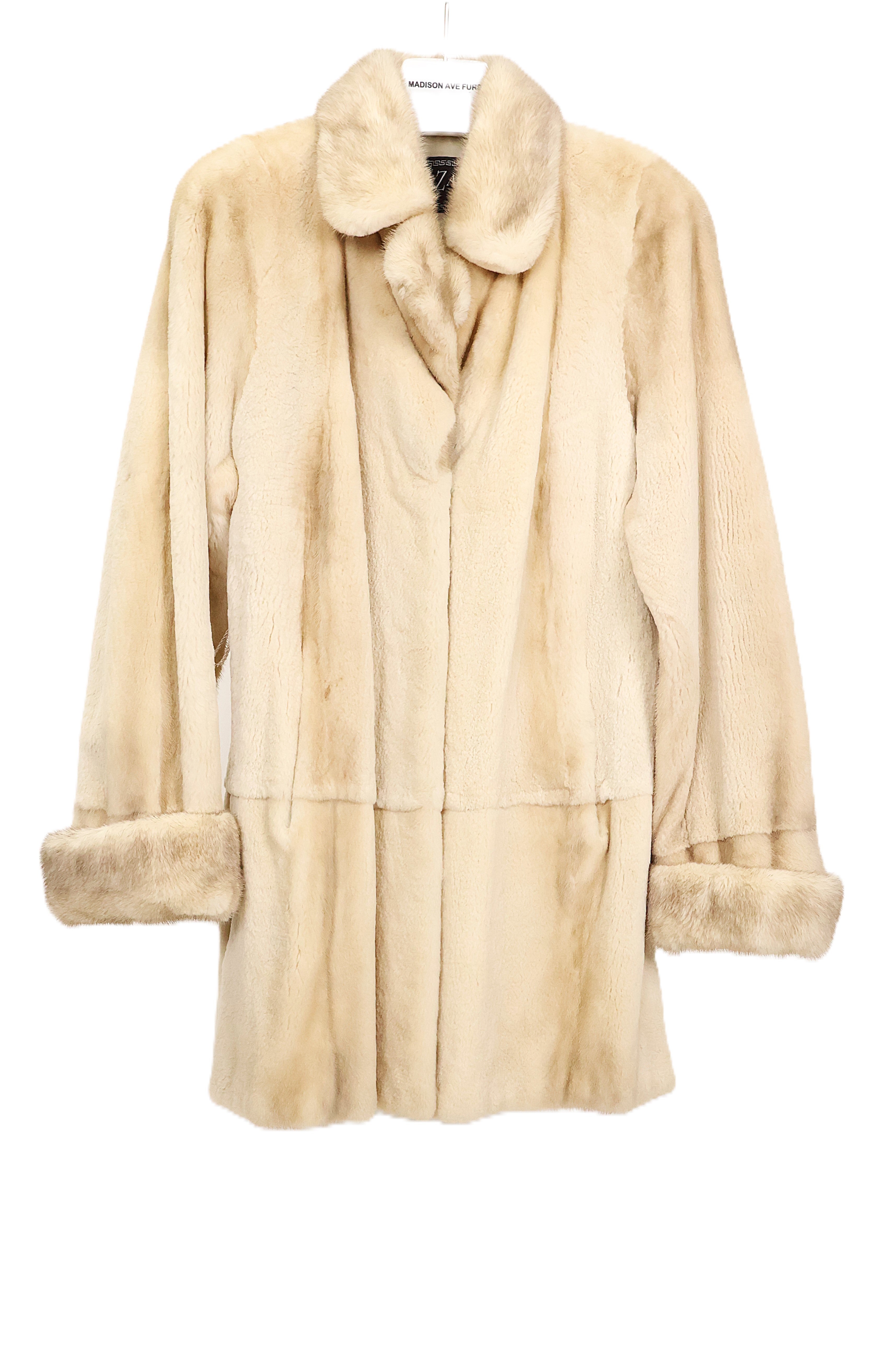 PRE-OWNED IVORY SHEARED MINK 3/4 JACKET W/ NOTCH COLLAR, TURN BACK CUFFS & SIDE SLITS