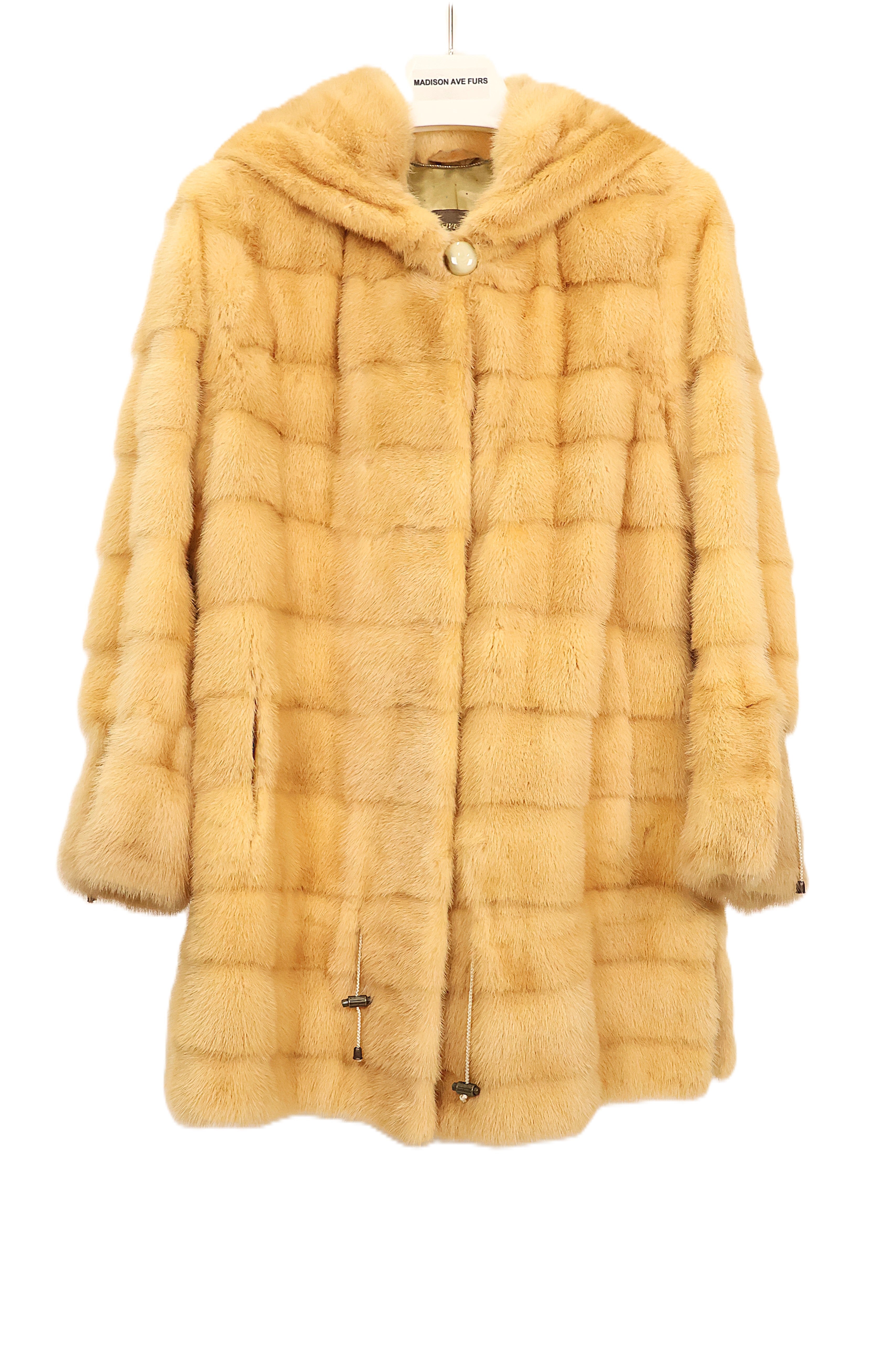PRE-OWNED MARIGOLD DYED HORIZONTAL MINK 3/4 JACKET W/ WING COLLAR, SIDE SLITS & DRAWSTRING AT SLEEVES & WAIST