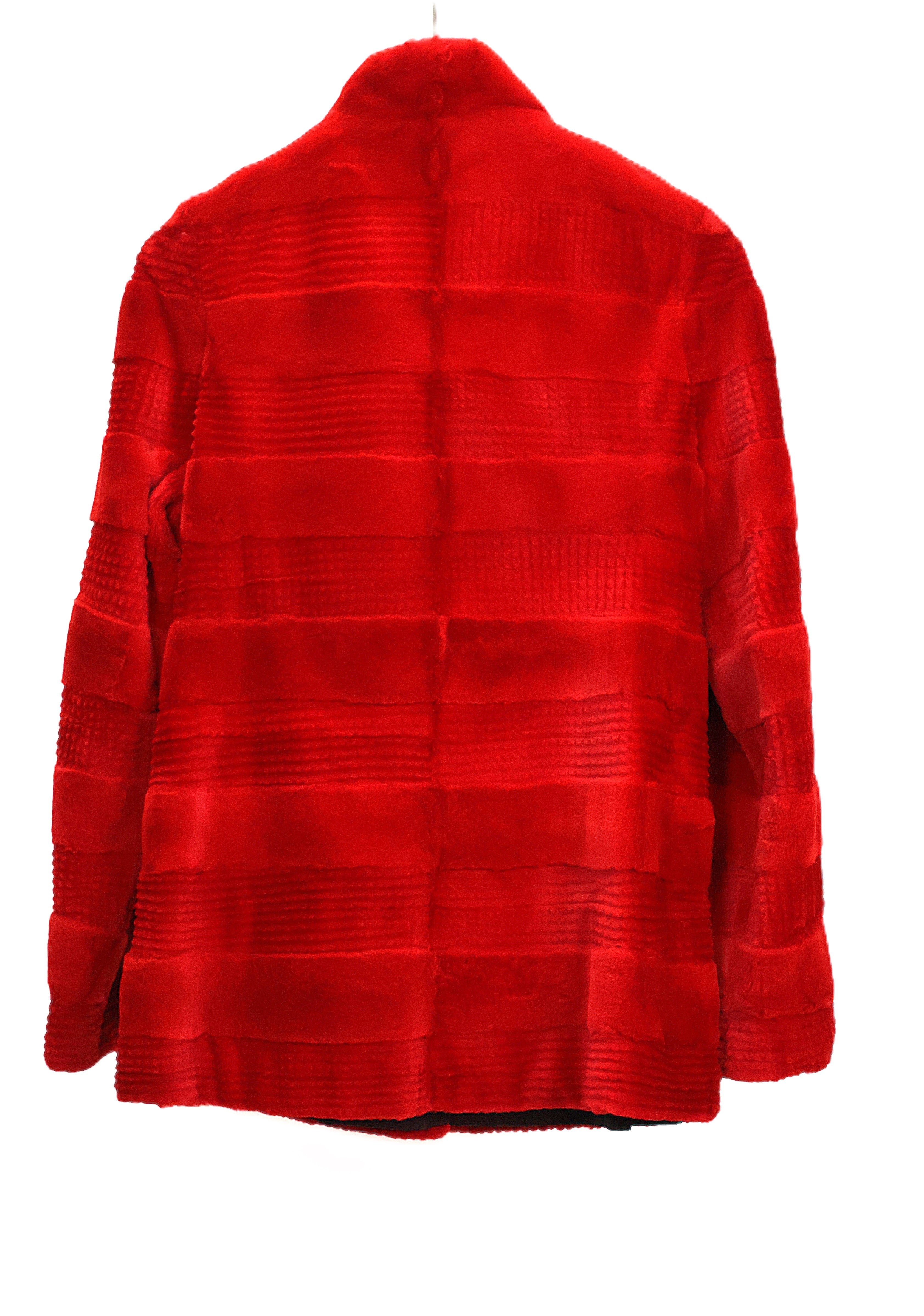 PRE-OWNED DYED RED HORIZONTAL SHEARED MINK JACKET REVERSIBLE TO TAFFETA W/ STAND COLLAR,STRAIGHT SLEEVES & LASER ETCHING