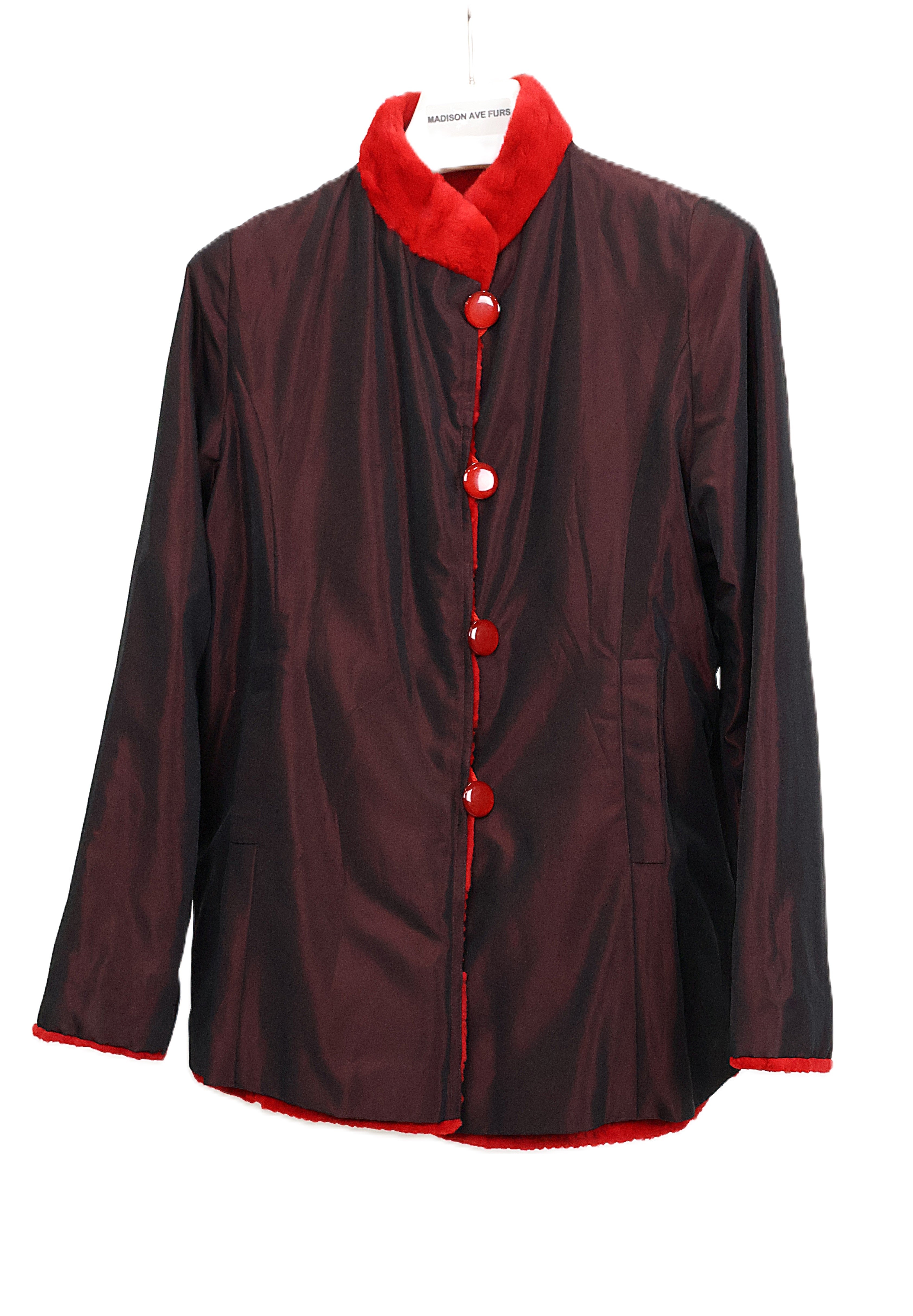 PRE-OWNED DYED RED HORIZONTAL SHEARED MINK JACKET REVERSIBLE TO TAFFETA W/ STAND COLLAR,STRAIGHT SLEEVES & LASER ETCHING