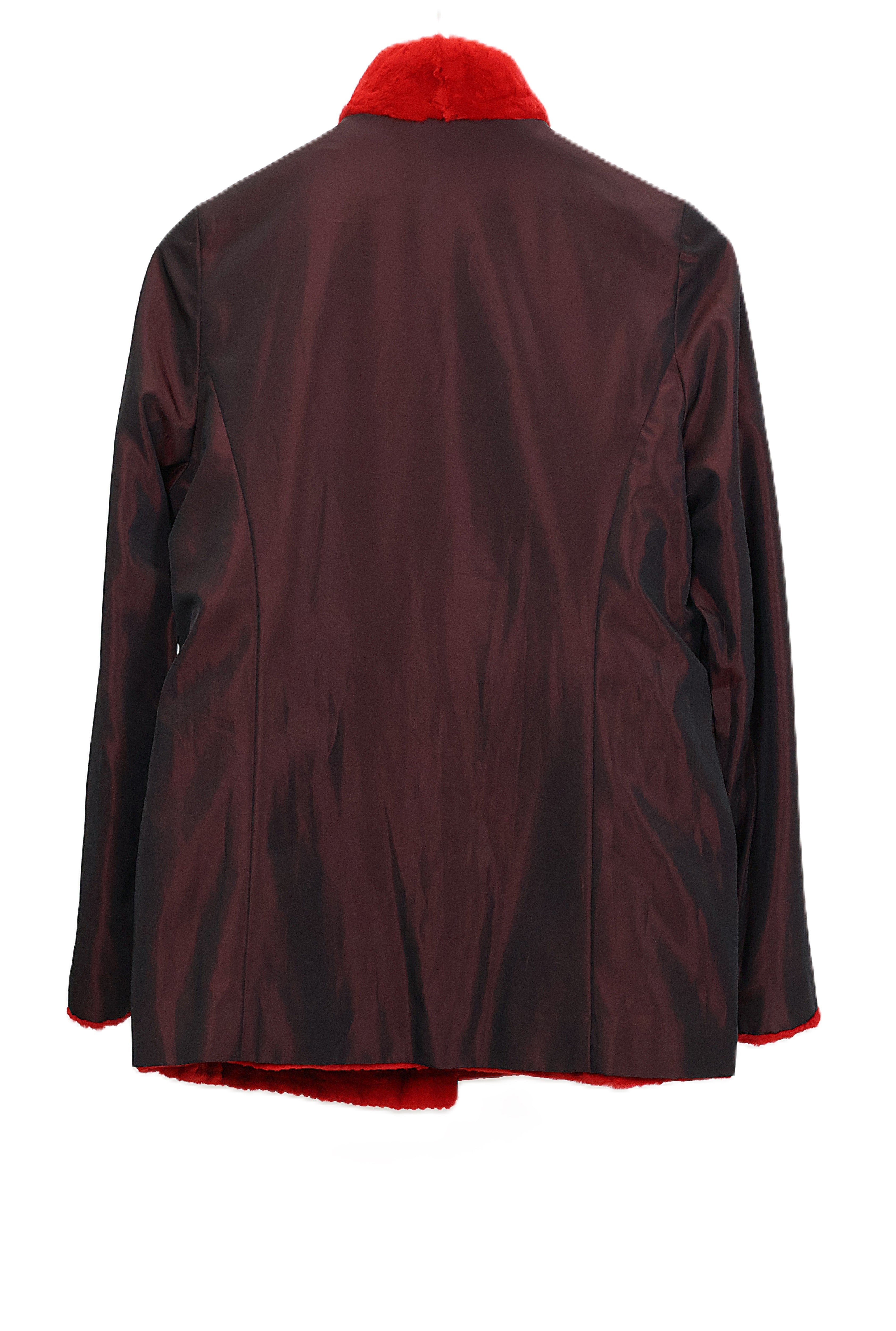 PRE-OWNED DYED RED HORIZONTAL SHEARED MINK JACKET REVERSIBLE TO TAFFETA W/ STAND COLLAR,STRAIGHT SLEEVES & LASER ETCHING