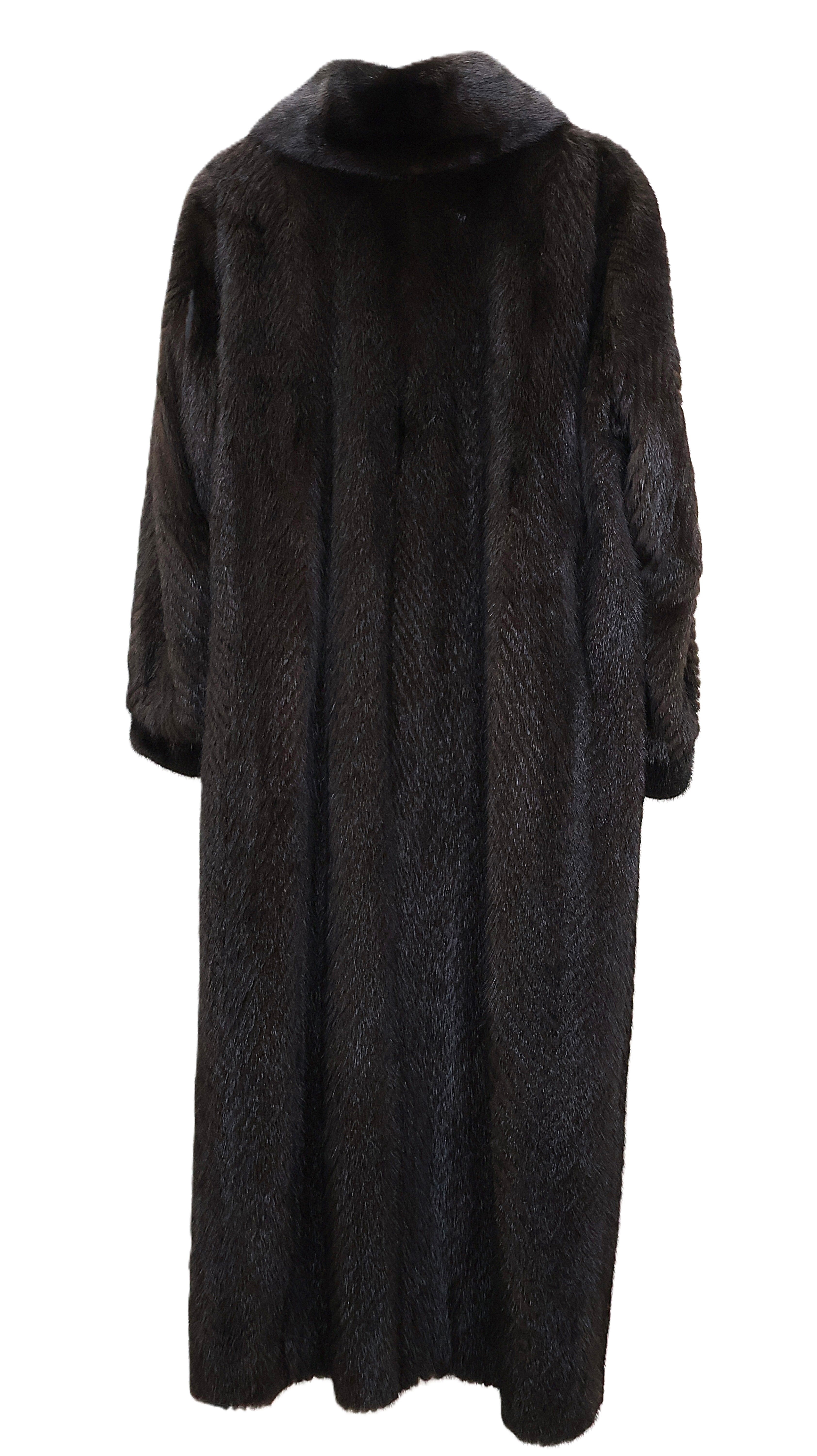 PRE-OWNED RANCH MINK COAT W/ SHAWL COLLAR, BANDED CUFFS & CHEVRON BODY DESIGN