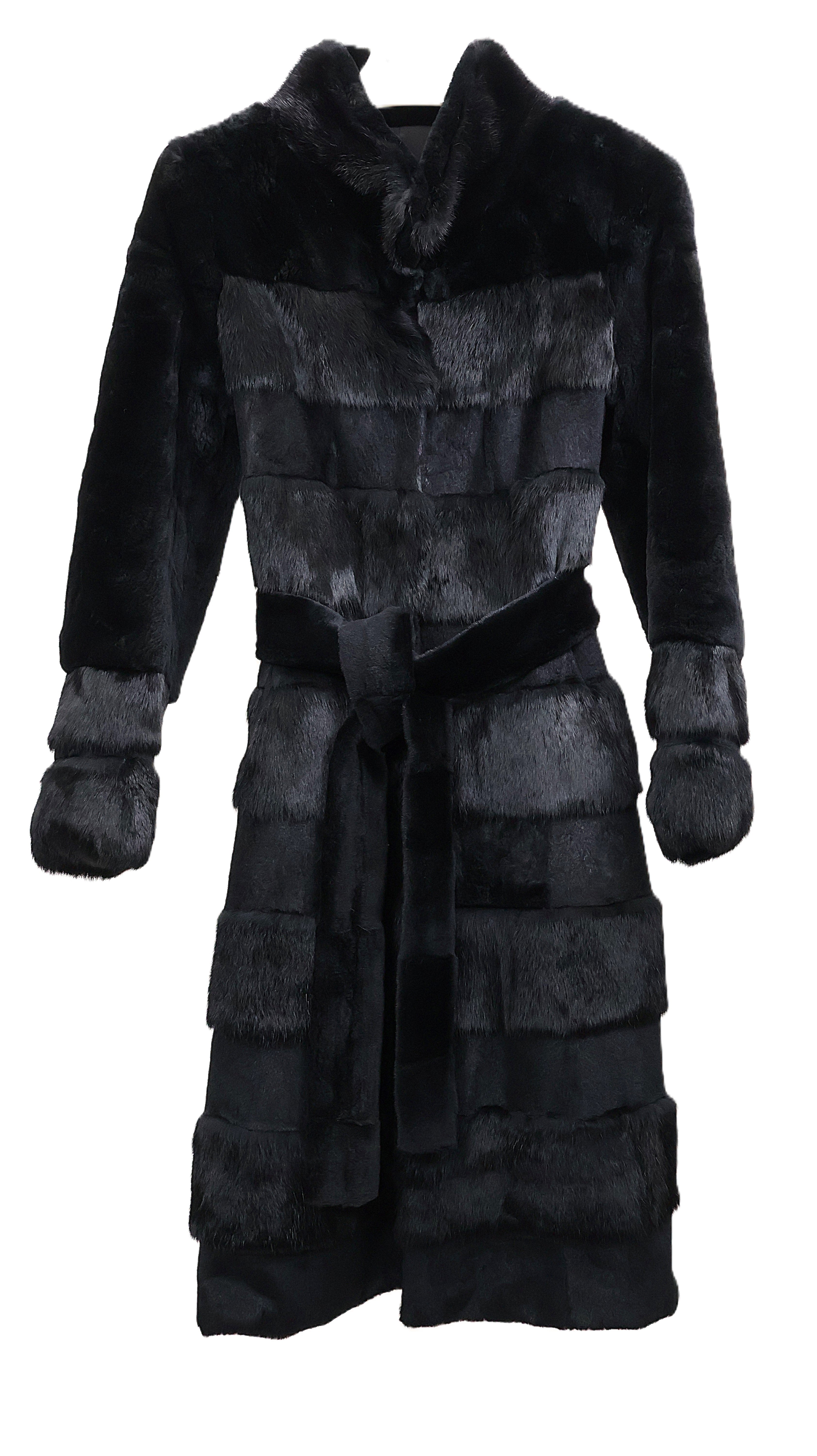 PRE-OWNED BLACK DYED LONG HAIR & SHEARED HORIZONTAL REX 7/8 COAT W/ STAND COLLAR, STRAIGHT SLEEVES & WRAP BELT