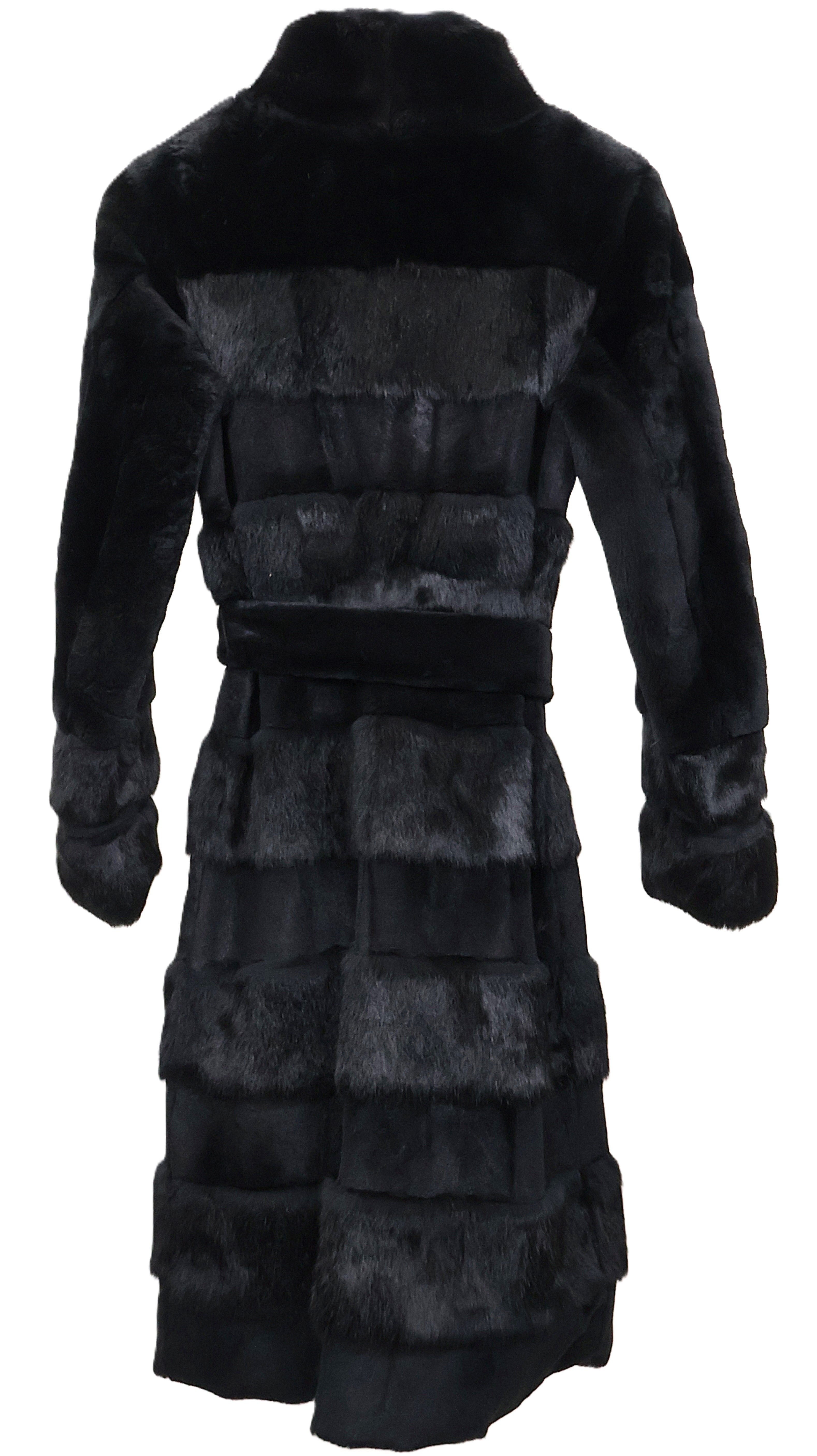 PRE-OWNED BLACK DYED LONG HAIR & SHEARED HORIZONTAL REX 7/8 COAT W/ STAND COLLAR, STRAIGHT SLEEVES & WRAP BELT