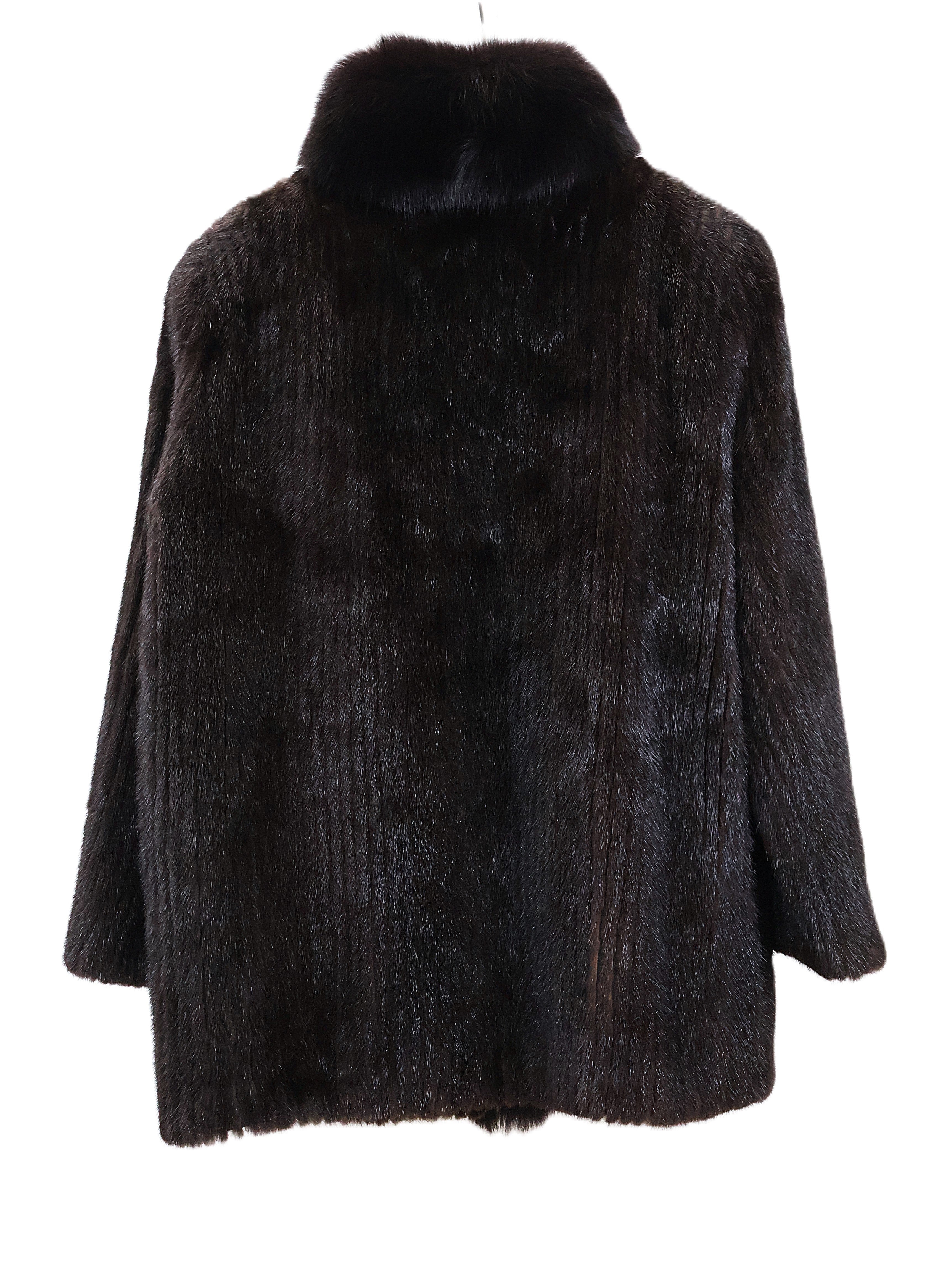 PRE-OWNED BROWN DYED RIBBED MINK JACKET W/ FOX STAND COLLAR & TUXEDO FRONT & STRAIGHT SLEEVES