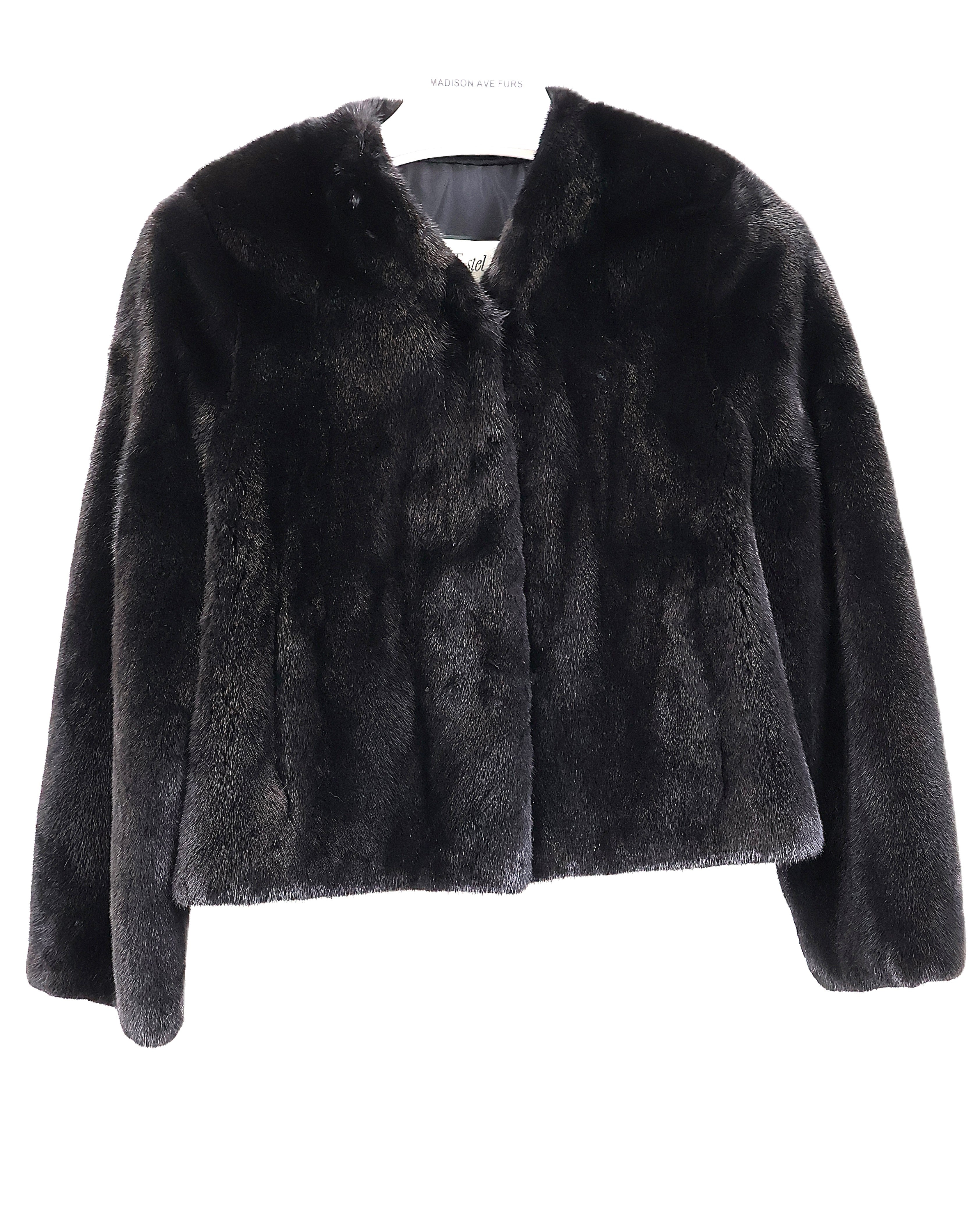 NEW BLACK MINK COLLARLESS V-NECK JACKET W/ STRAIGHT SLEEVES (LINDA)