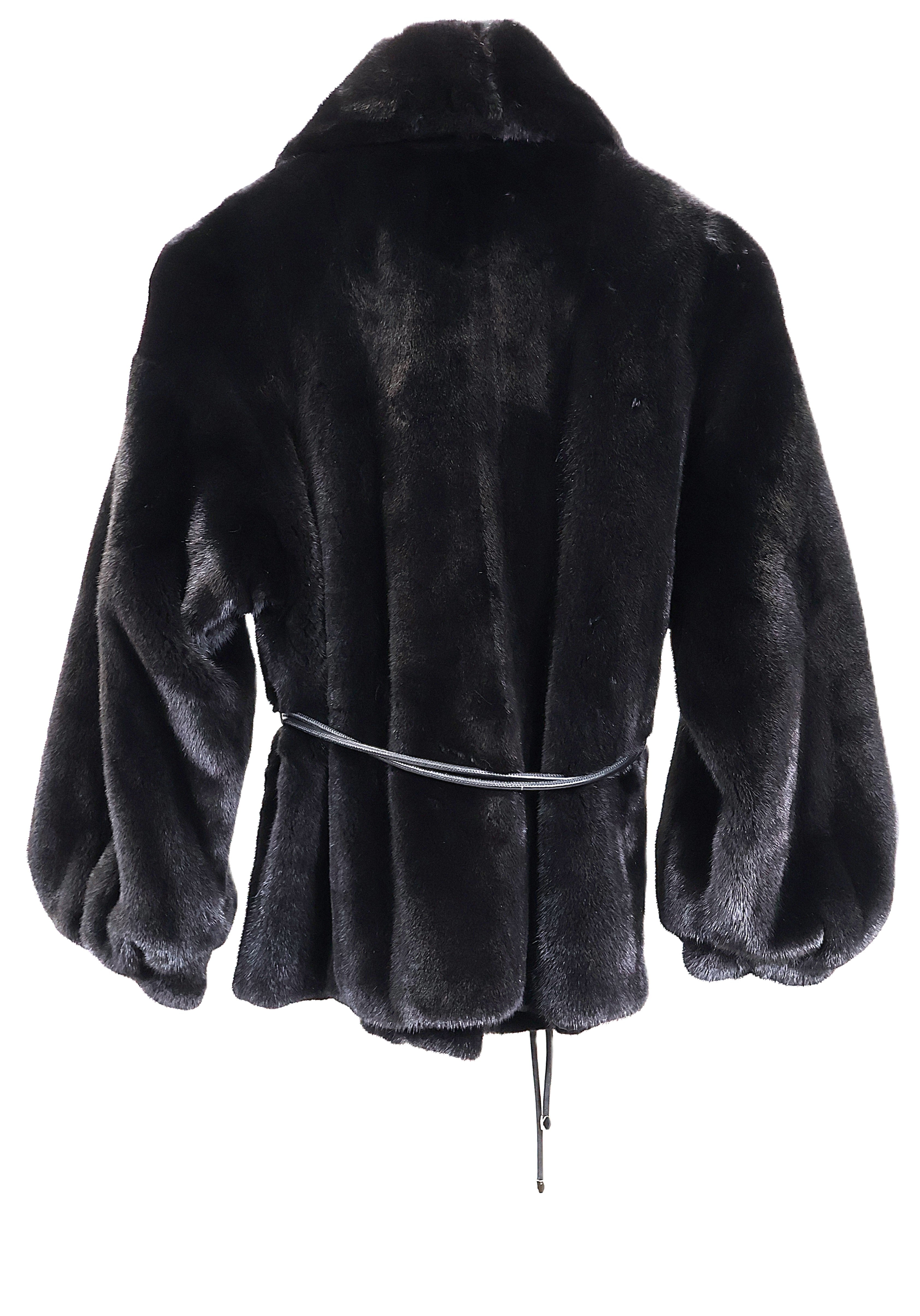 NEW BLACK MINK JACKET W/ SHAWL COLLAR, BANDED BLOUSSAN SLEEVES & LEATHER WRAP BELT (G-707)