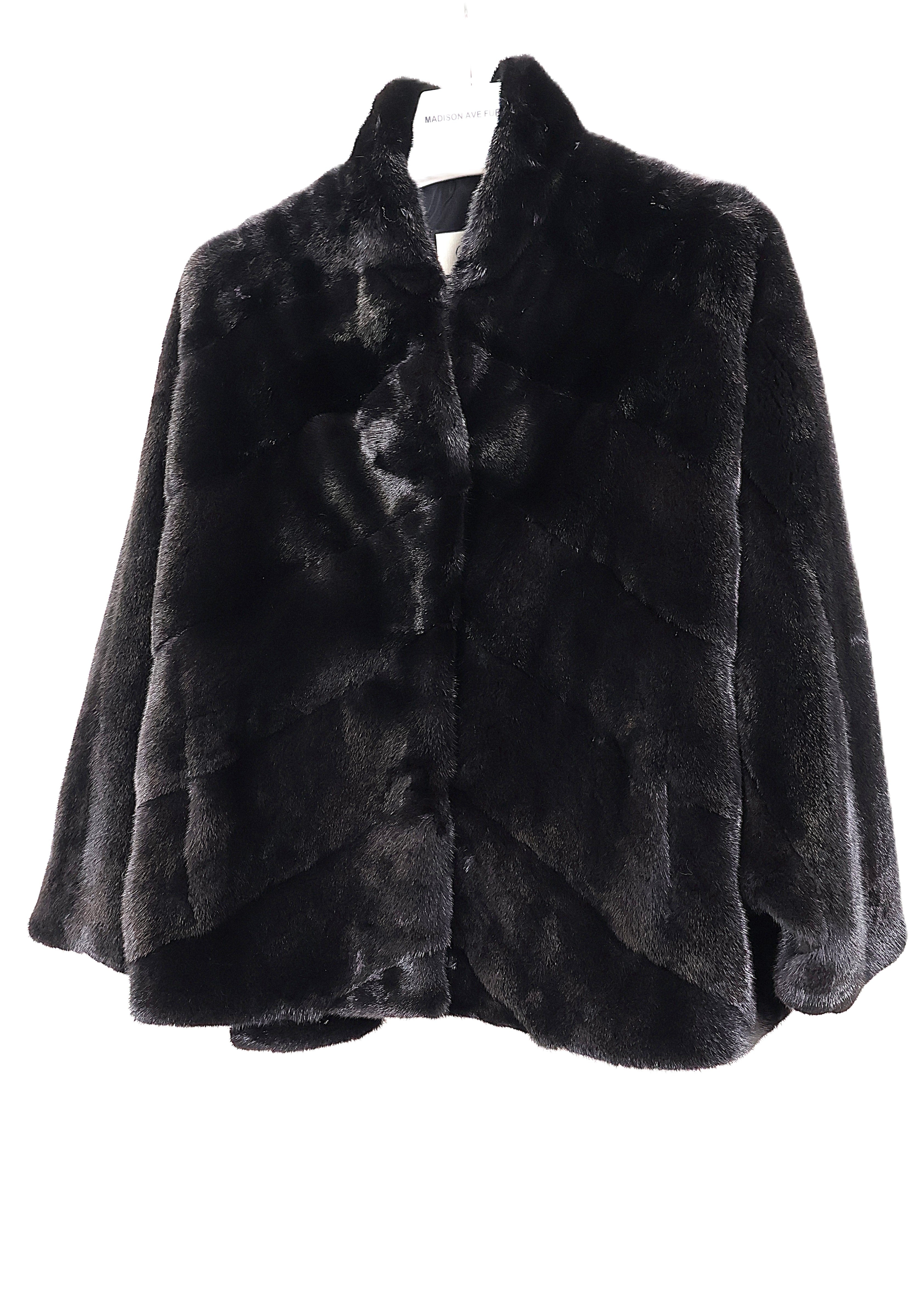 BLACK MINK DIAGNOL PONCHO STYLE JACKET W/ STAND COLLAR, DRAWSTRING HEM & SHORT BAT SLEEVE