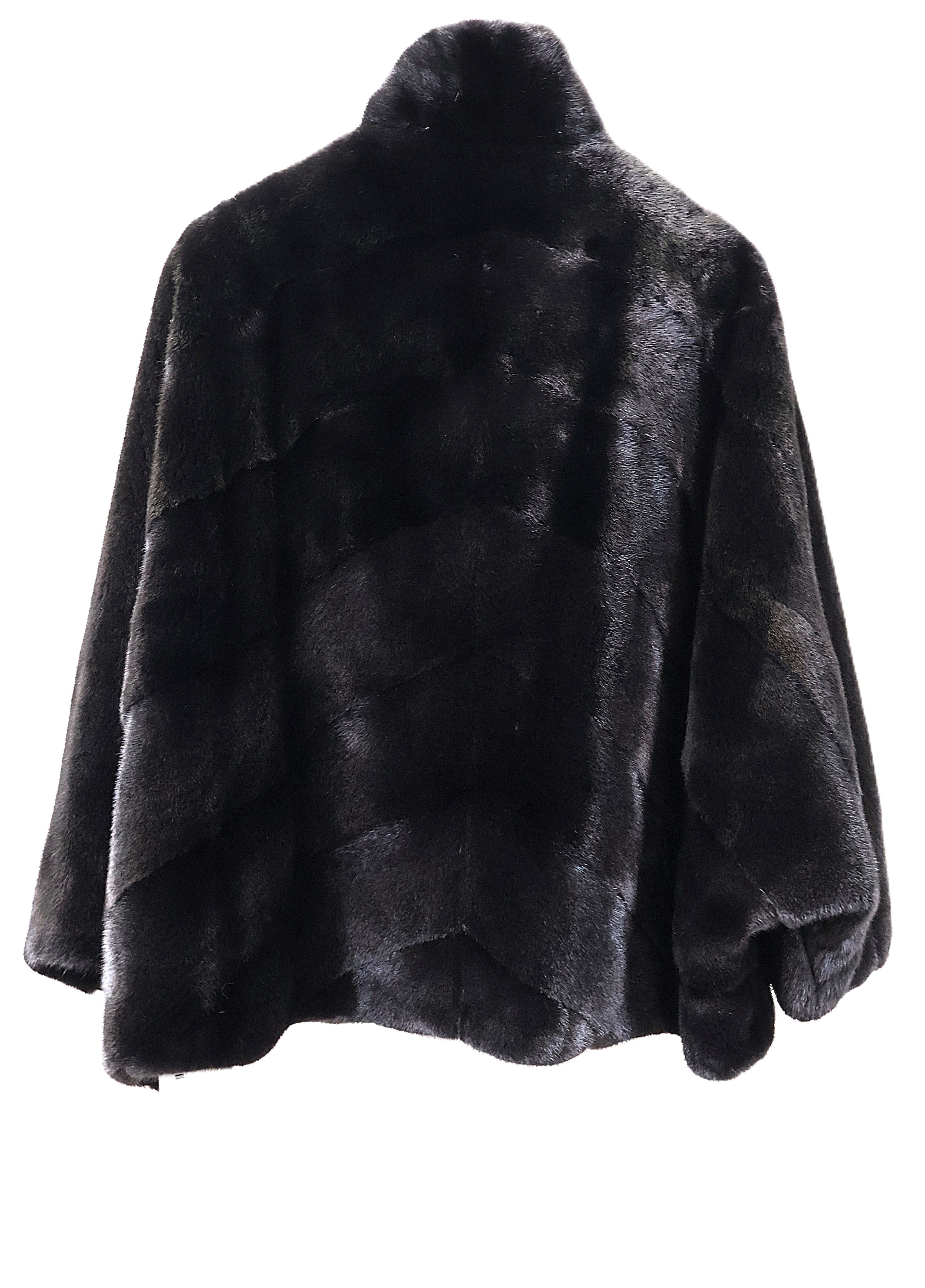 BLACK MINK DIAGNOL PONCHO STYLE JACKET W/ STAND COLLAR, DRAWSTRING HEM & SHORT BAT SLEEVE
