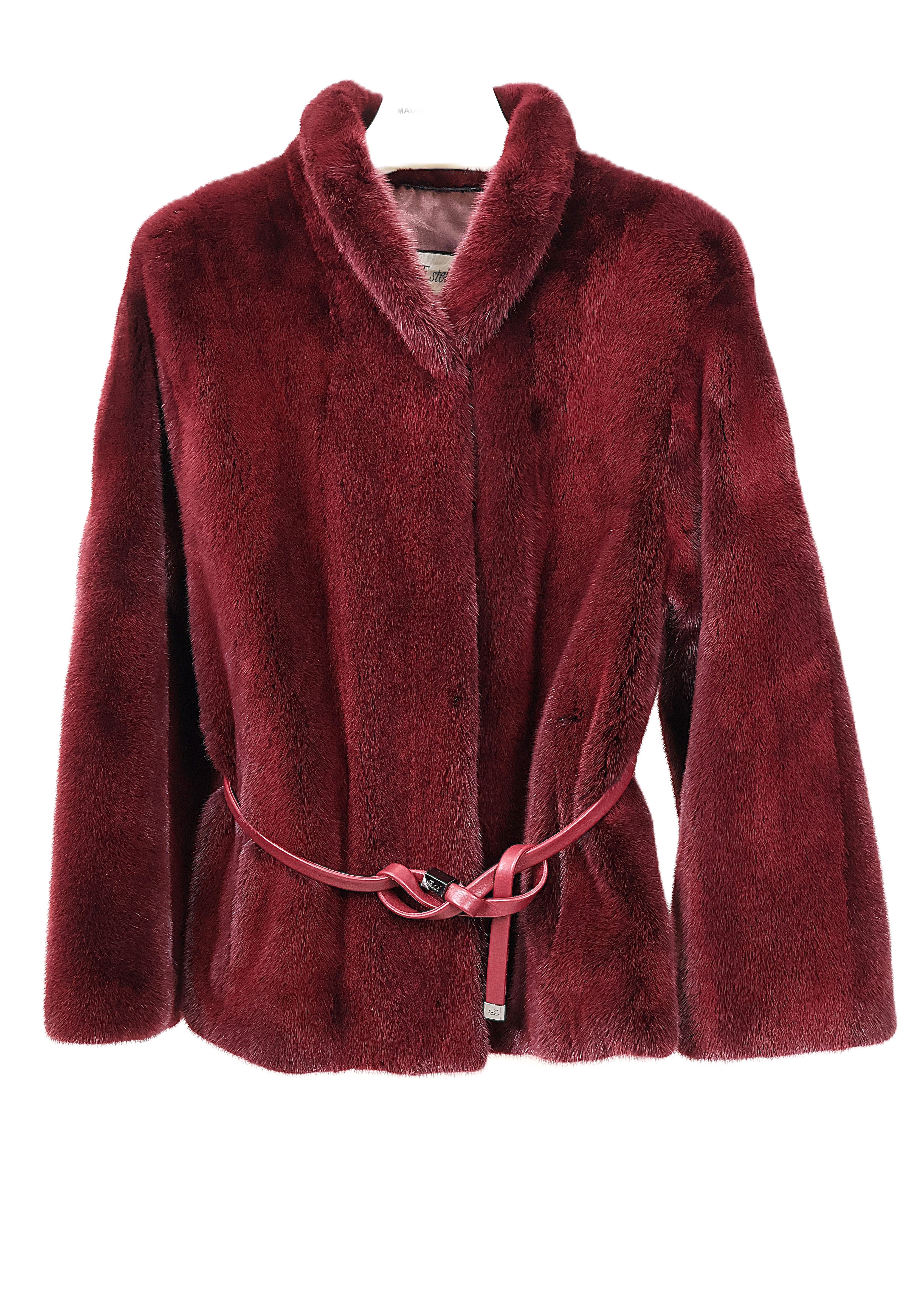 NEW DYED BURGANDY MINK JACKET W/ SHAWL COLLAR, STRAIGHT SLEEVES & LEATHER WRAP BELT