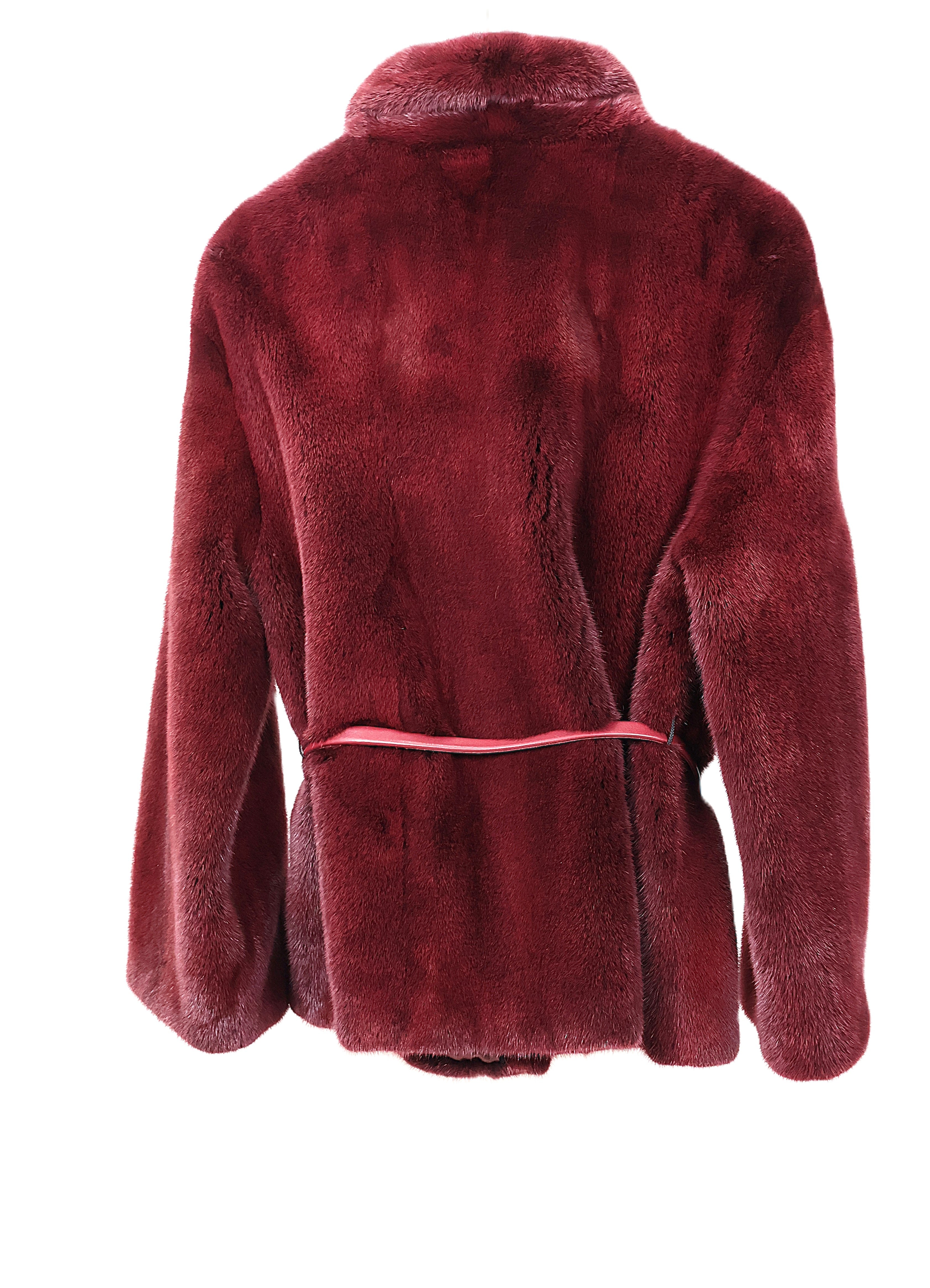 NEW DYED BURGANDY MINK JACKET W/ SHAWL COLLAR, STRAIGHT SLEEVES & LEATHER WRAP BELT