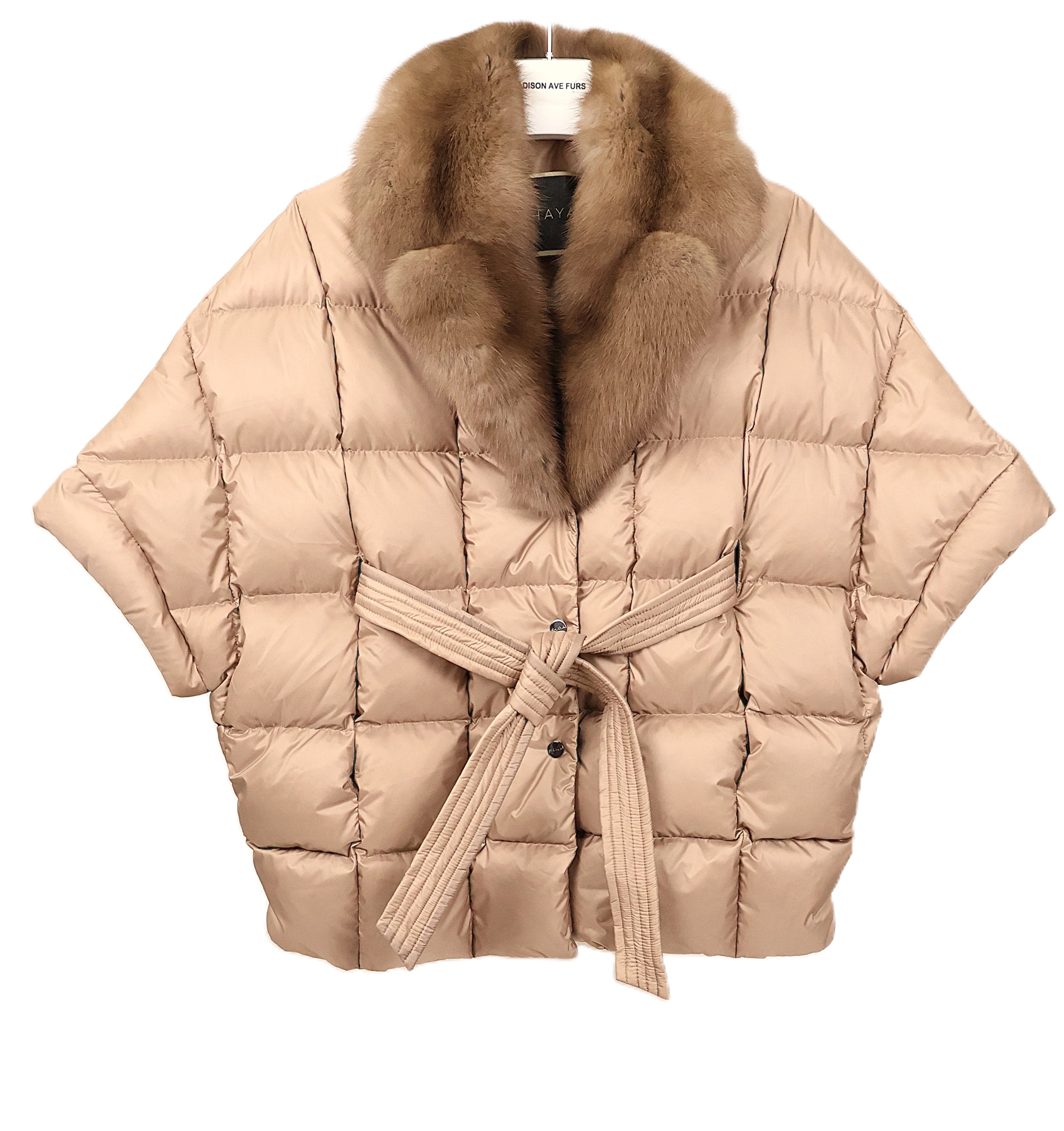 NEW SAND QUILTED PUFFER CAPELET W/ STONE MARTEN NOTCH COLLAR & WRAP BELT (VALERIE)