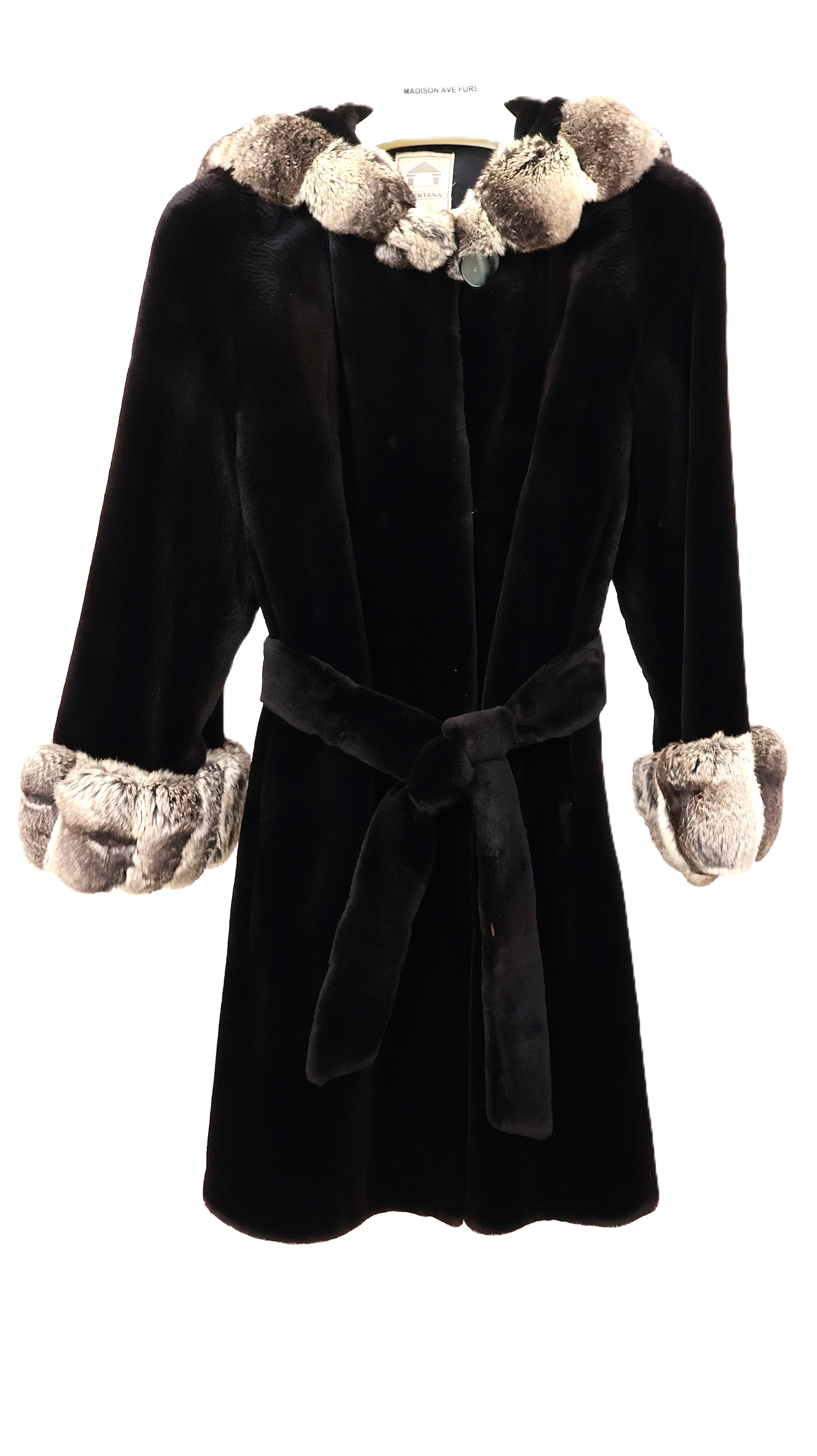 PRE-OWNED BLACK SHEARED MINK HOODED 7/8 COAT W/ CHINCHILLA TRIMMED HOOD & CUFFS, W/TIE BELT & SIDE SLITS