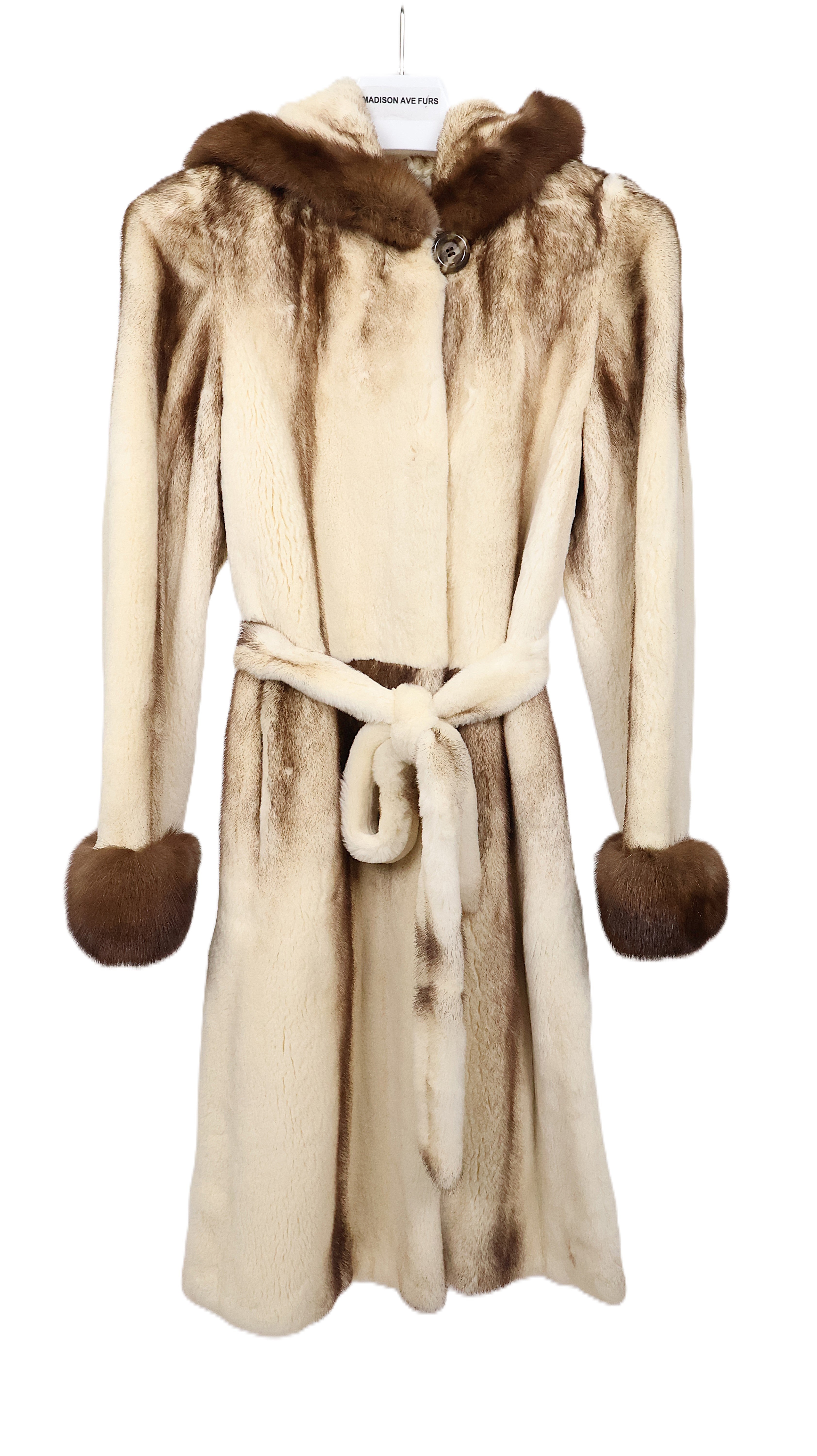PRE-OWNED BLEACHED SEMI SHEARED MINK HOODED 7/8 COAT W/WRAP BELT, SIDE SLITS & SABLE CUFFS & TRIMMED HOOD