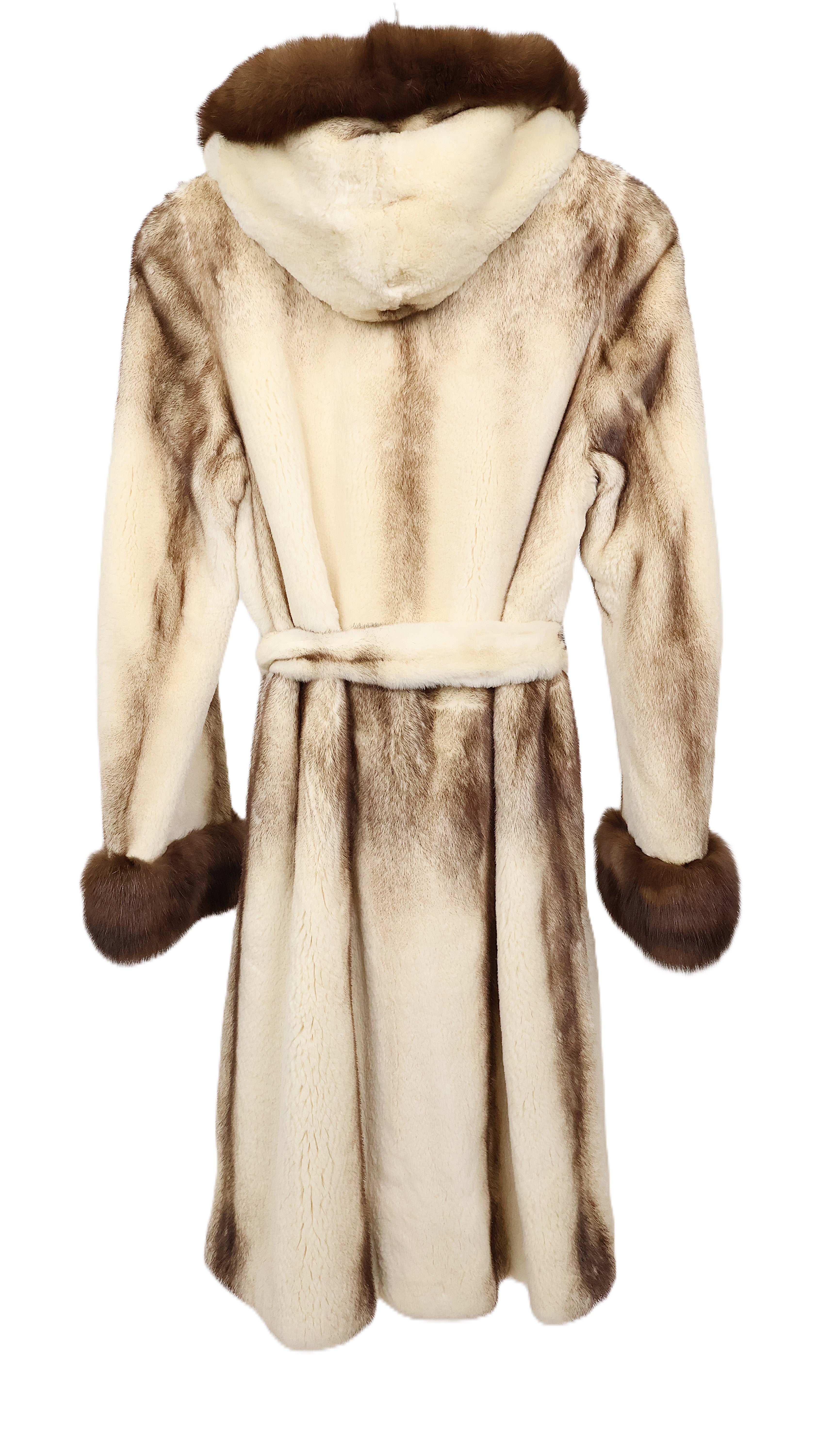 PRE-OWNED BLEACHED SEMI SHEARED MINK HOODED 7/8 COAT W/WRAP BELT, SIDE SLITS & SABLE CUFFS & TRIMMED HOOD