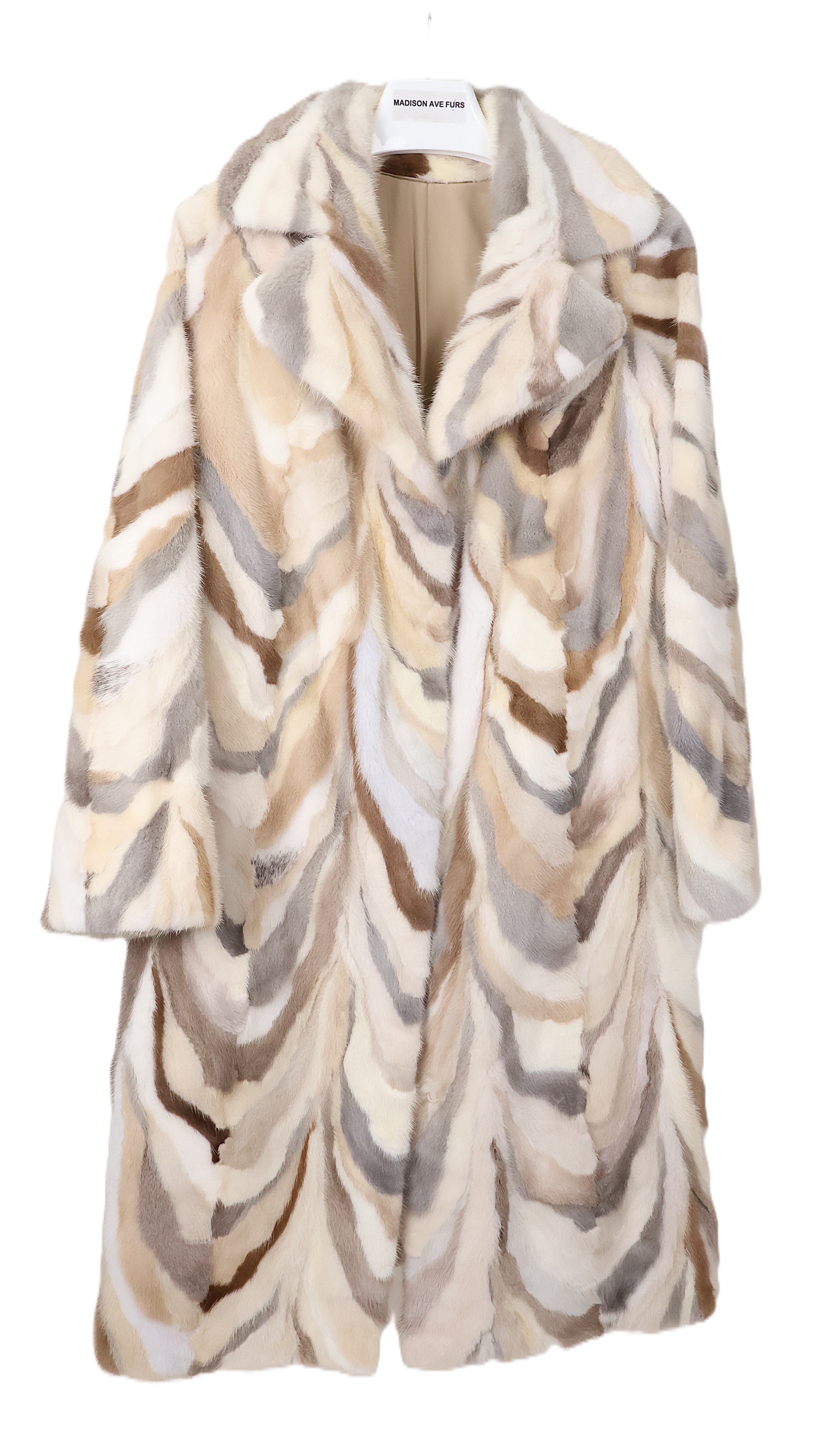 NEW MULTI-COLOR MINK SECTION COAT W/ NOTCH COLLAR, STRAIGHT SLEEVES & INSIDE DRAWSTRING AT WAIST