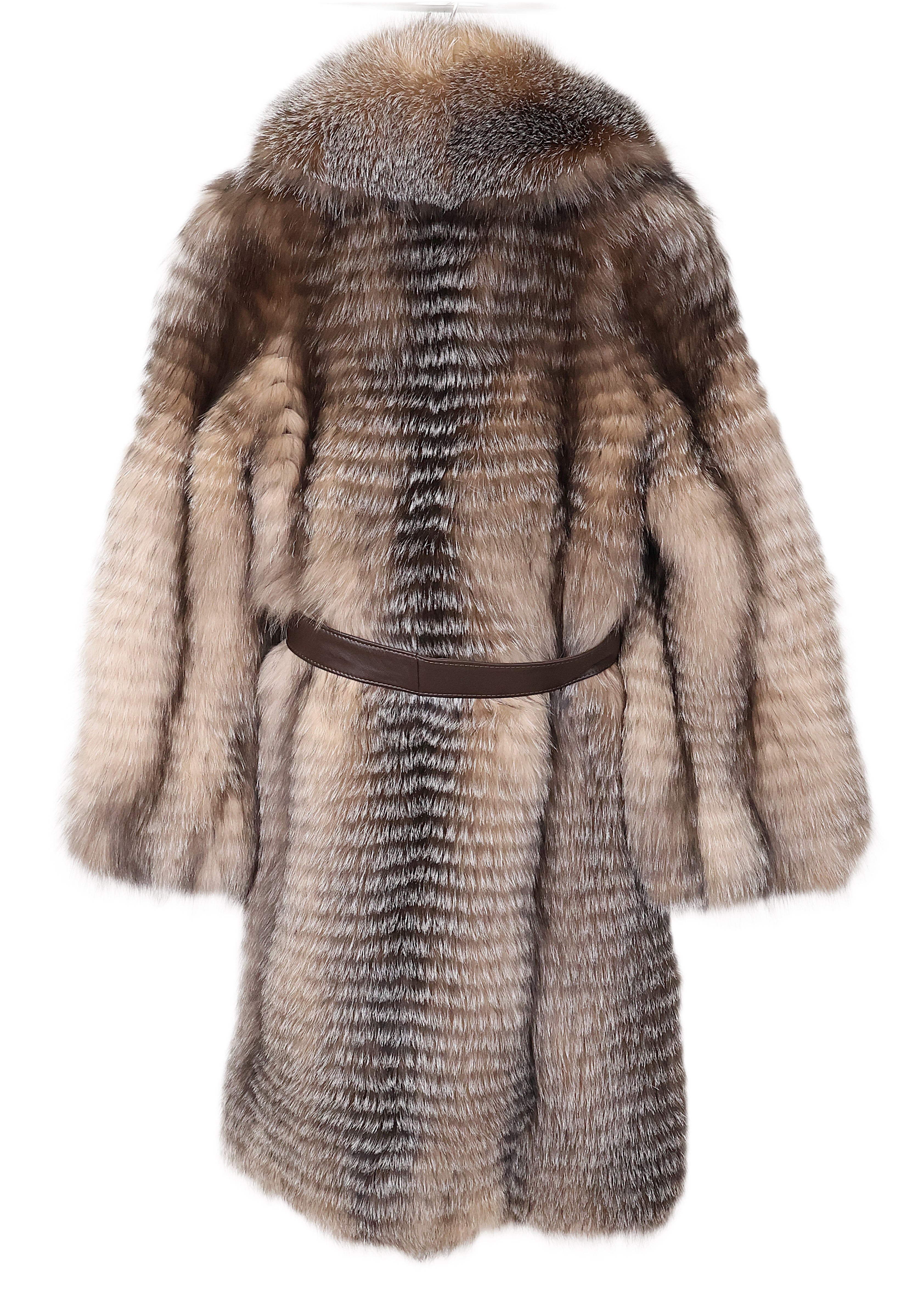 NEW LAYERED CRYSTAL FOX 7/8 COAT W/ SHAWL COLLAR, STRAIGHT SLEEVES & LEATHER WRAP BELT