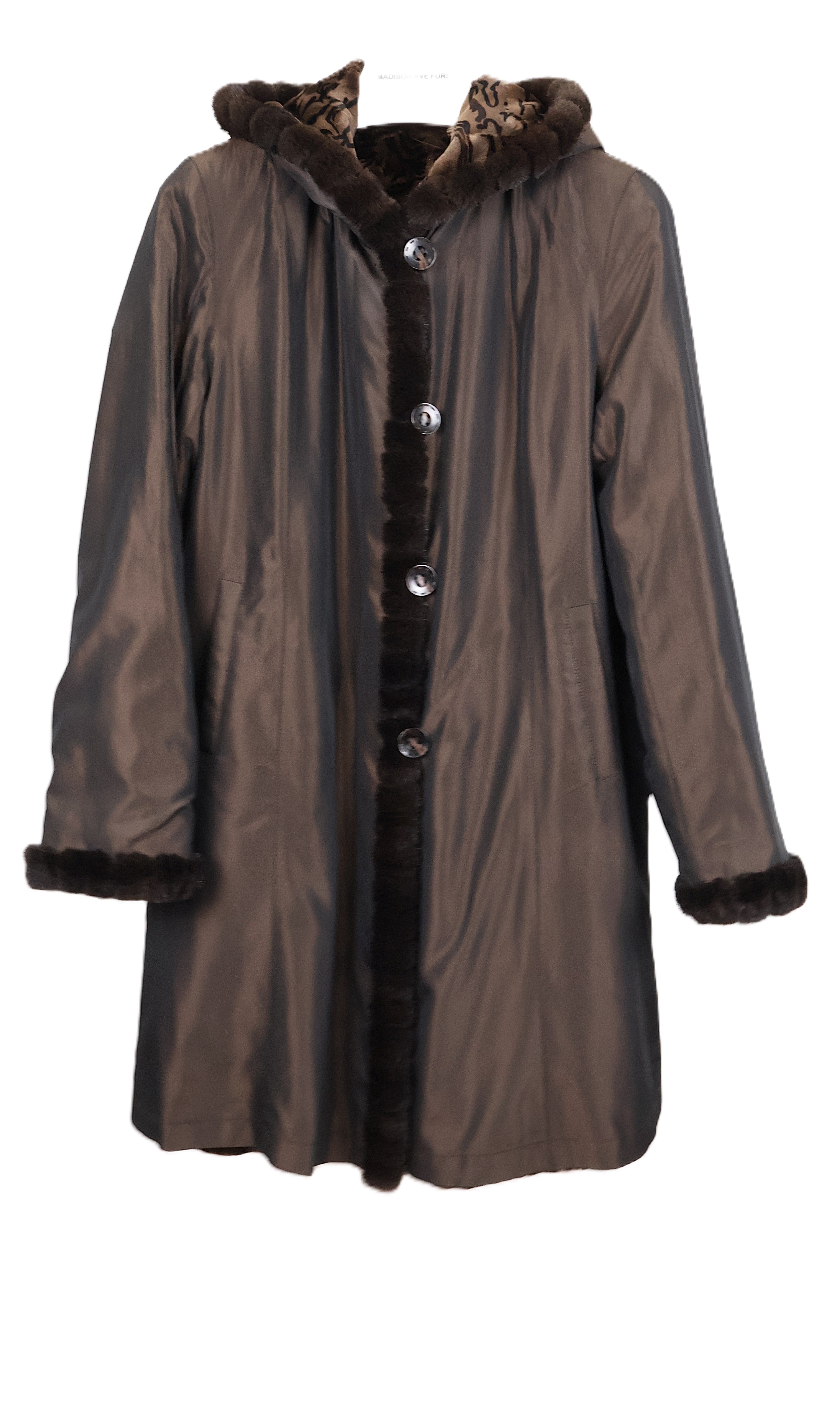 PRE-OWNED DYED & PRINTED SHEARED MINK HOODED REVERSIBLE TO TAFFETA STROLLER W/ LOMG HAIR MINK TRIM