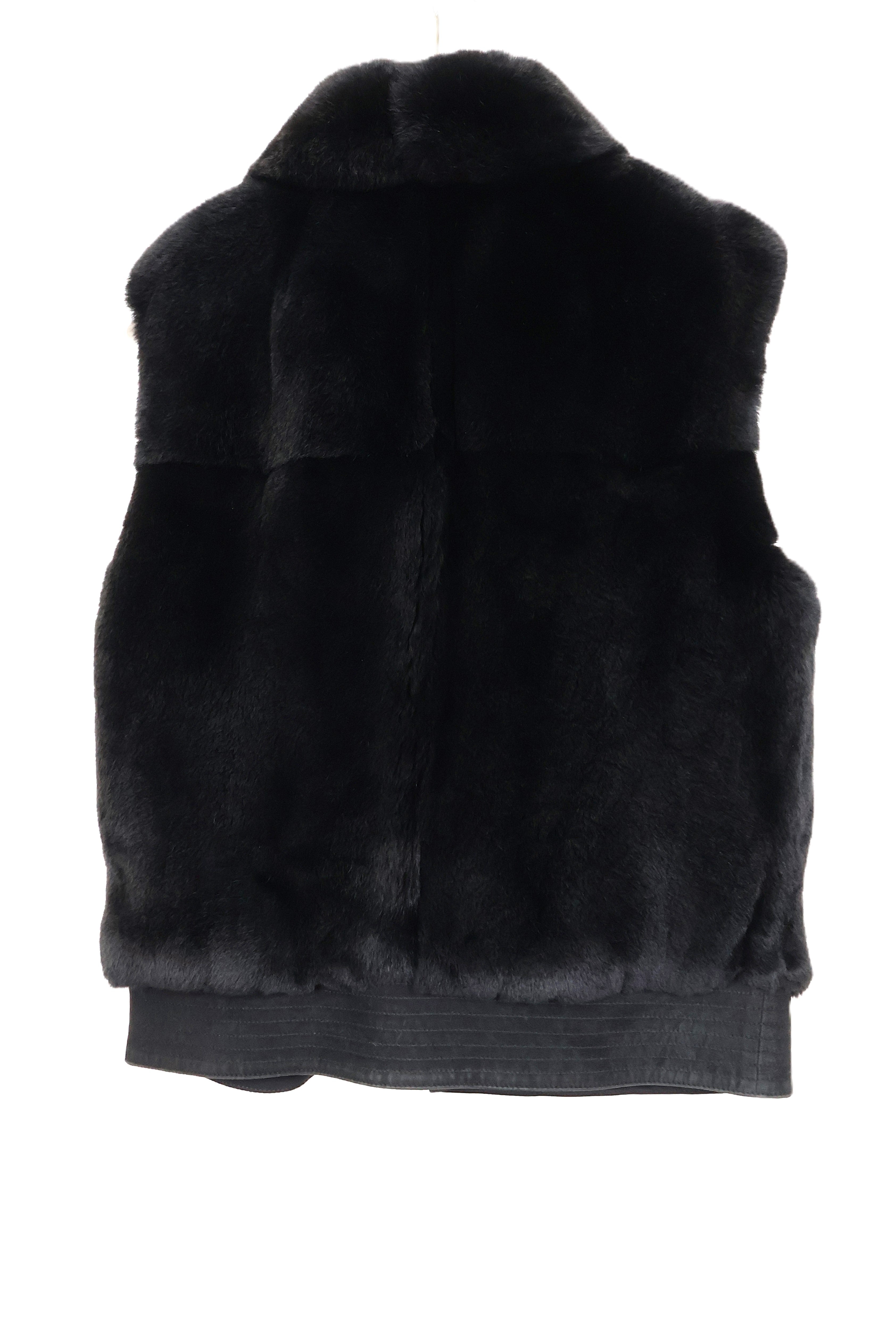 PRE-OWNED BLACK DYED SHEARED NUTRIA VEST W/ WING COLLAR & SUEDE TRIM & ZIPPER CLOSURE