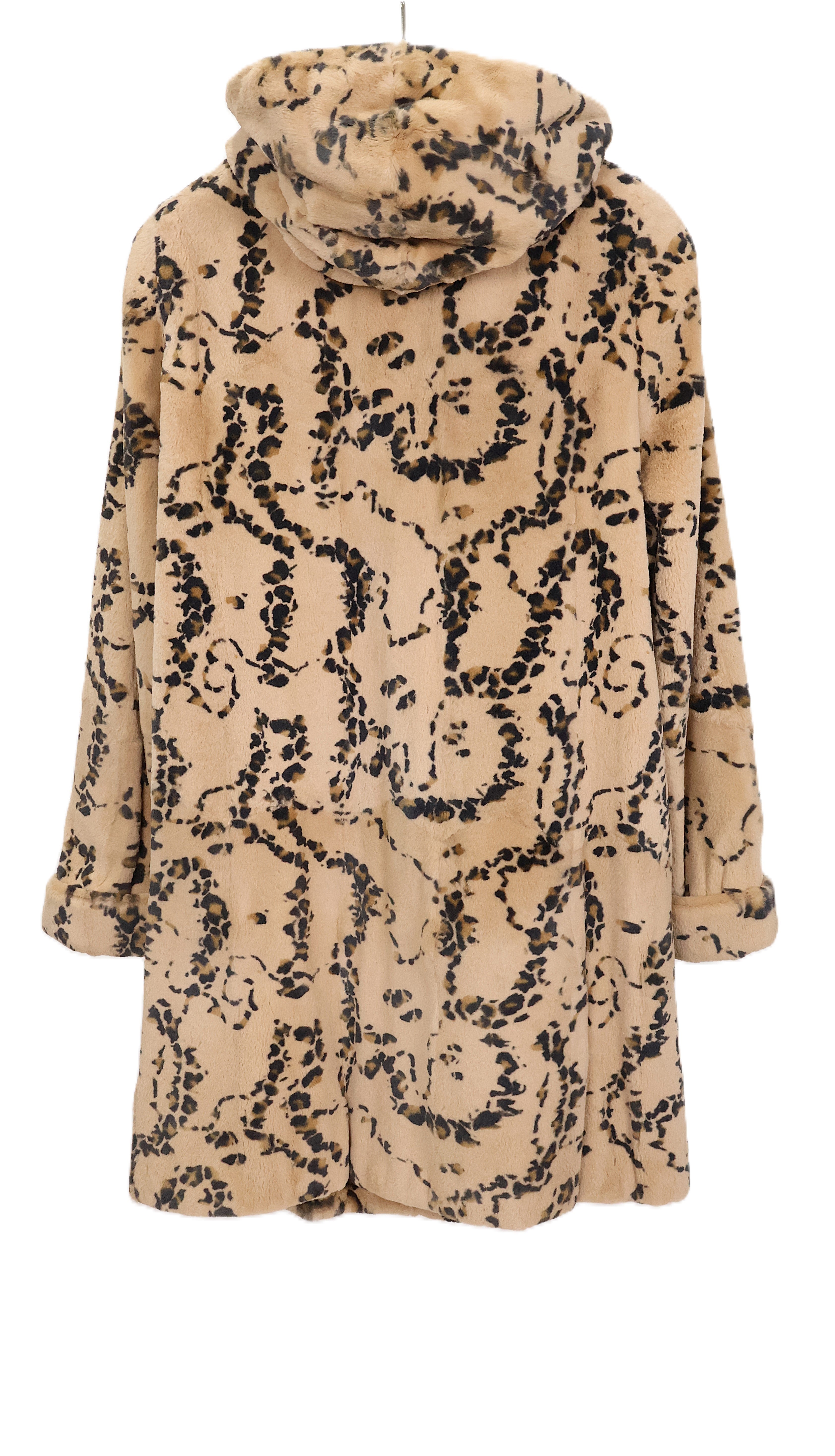 PRE-OWNED SHEARED MINK STROLLER W/ INTARSIA SCROLL PATTERN W/ HOOD & TURN BACK CUFFS