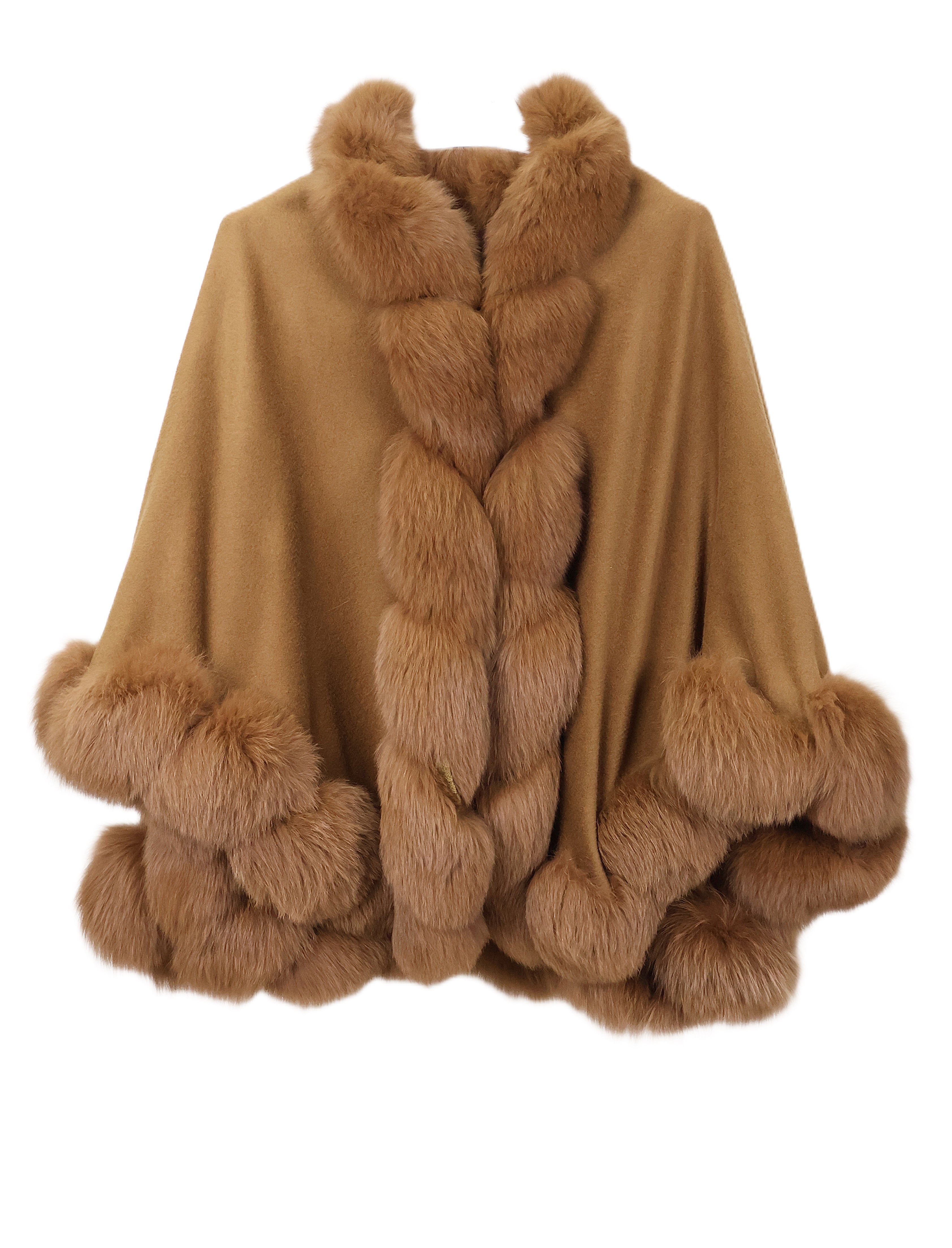 PRE-OWNED TAN WOOL/CASHMERE W/ MATCHING DYED FOX TRIM