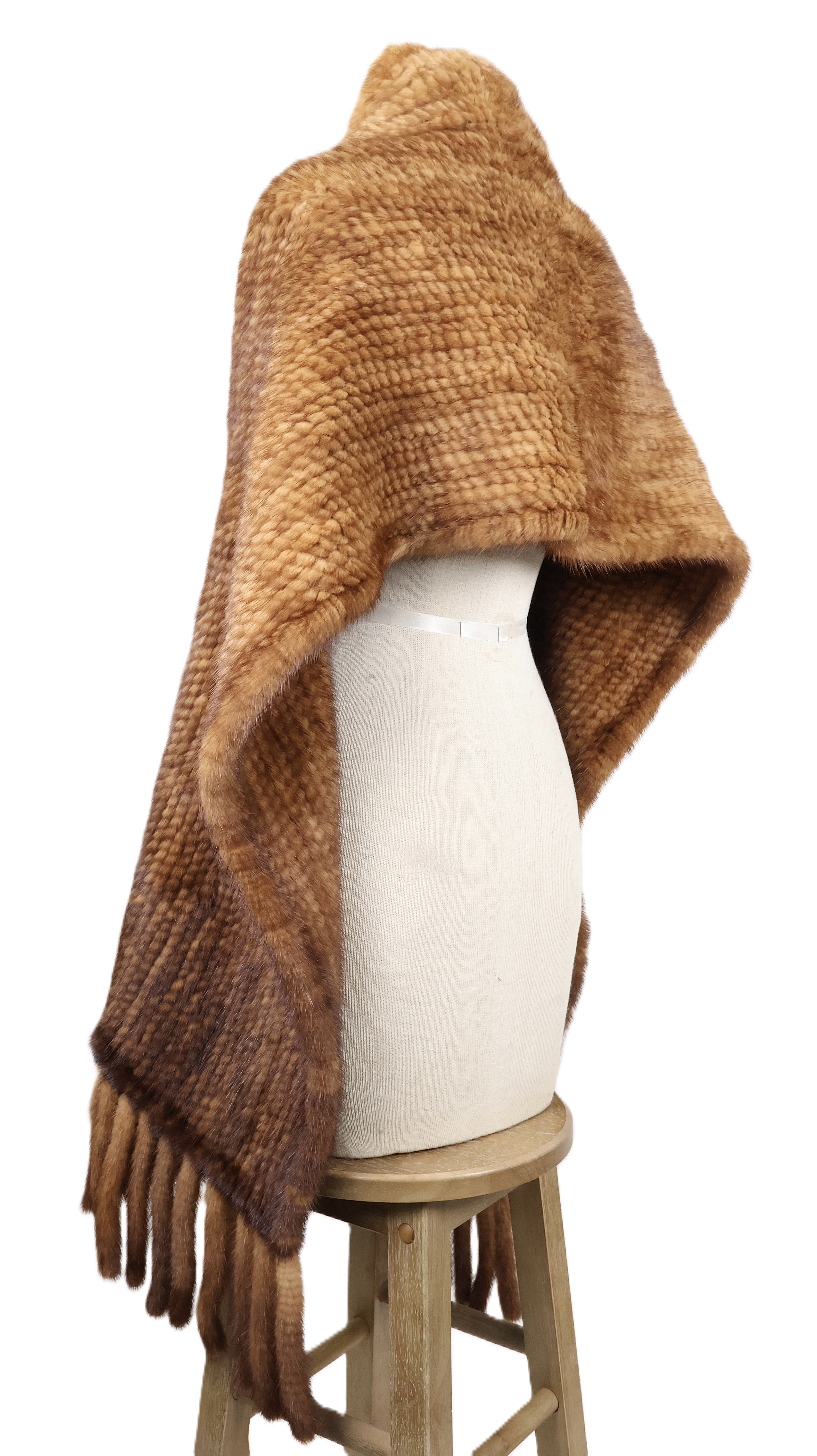PRE-OWNED COGNAC DYED KNITTED MINK STOLE W/ FRINGE