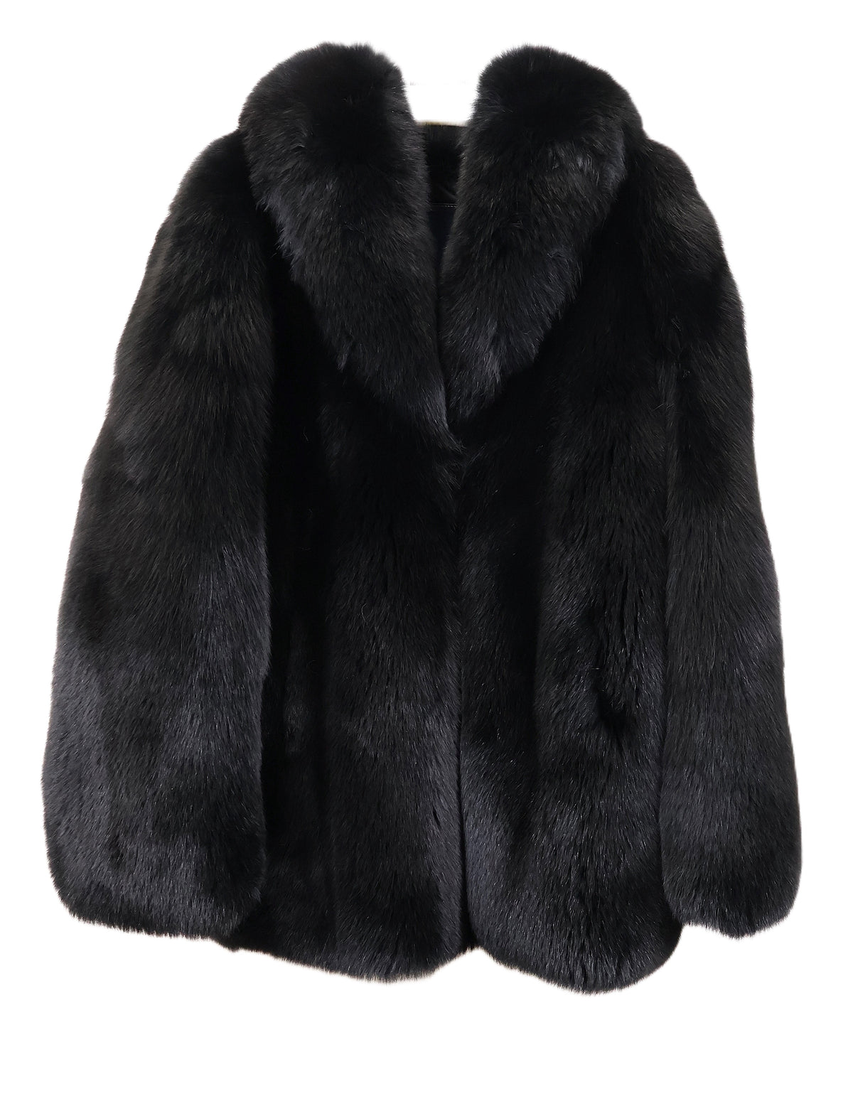 PRE-OWNED MEN'S BLACK FROST FOX JACKET W/ SHAWL COLLAR, STRAIGHT SLEEVES & BUCKLE CLOSURE