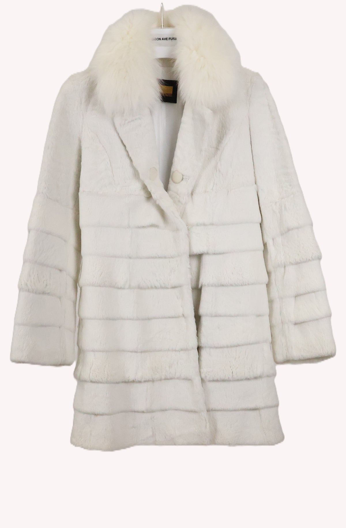 PRE-OWNED WHITE SHEARED REX STROLLER W/ LAYERED PANEL BOTTOM & DETACHABLE FOX COLLAR & STRAIGHT SLEEVES