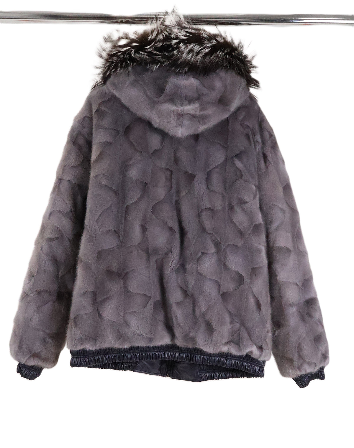 NEW MEN'S SLATE DYED MINK OVALS HOODED BOMBER JACKET W/SILVER FOX TRIM REVERSIBLE TO PUFFER