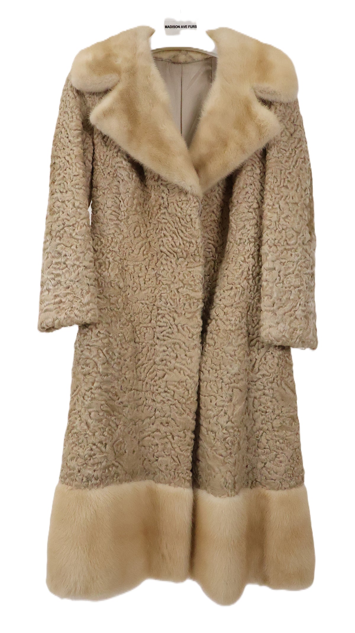 PRE-OWNED BEIGE DYED LAMB COAT W/ MINK NOTCH COLLAR & BORDER