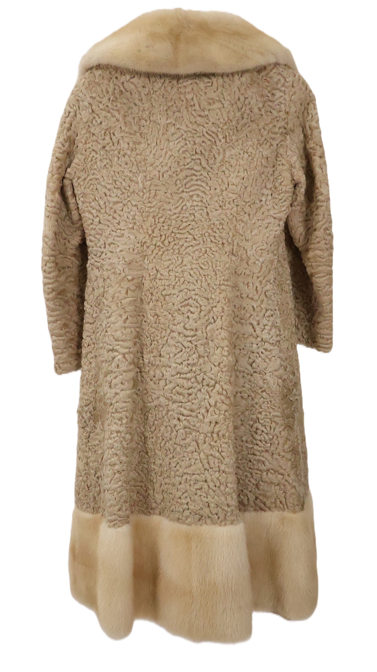 PRE-OWNED BEIGE DYED LAMB COAT W/ MINK NOTCH COLLAR & BORDER