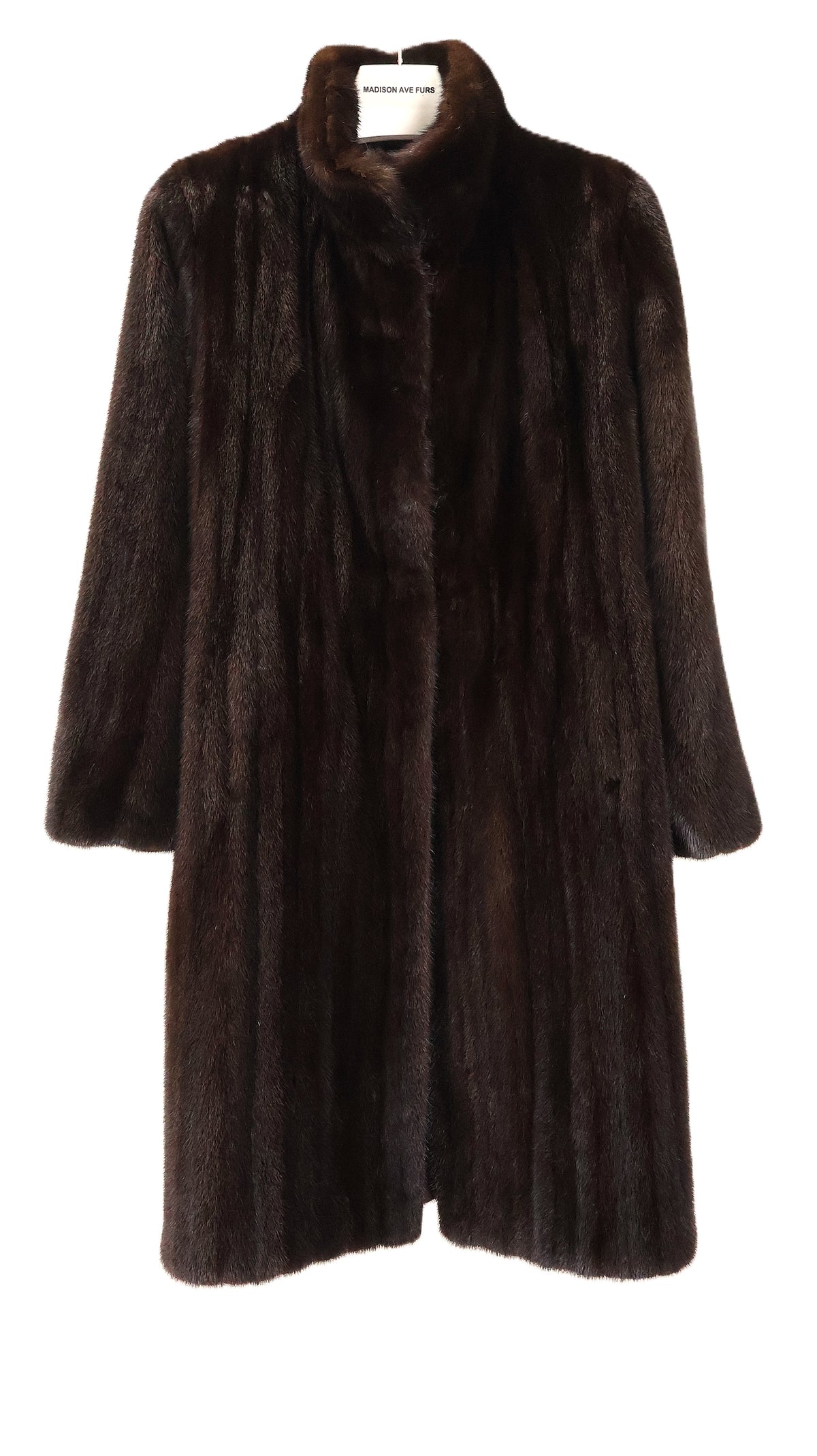 PRE-OWNED MAHOGANY MINK COAT W/ STAND COLLAR, STRAIGHT SLEEVES & INSIDE DRAWSTRING AT WAIST