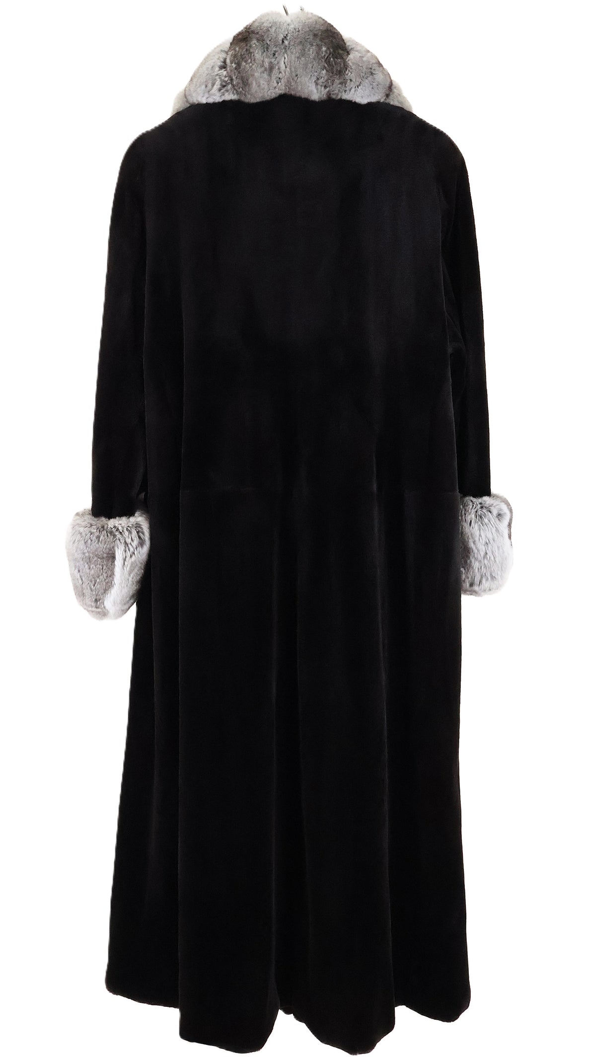 PRE-OWNED BLACK DYED SHEARED MINK COAT W/ NATURAL CHINCHILLA CROSS-CUT COLLAR & CUFFS