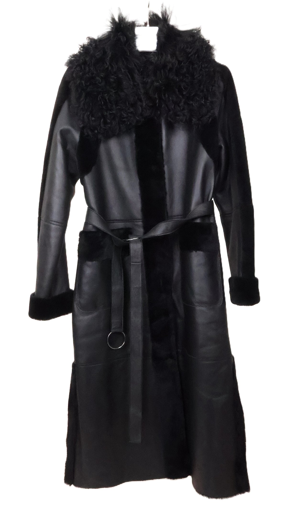 NEW BLACK SHEARLING COAT W/ PATCH POCKETS, SIDE SLITS, TURN BACK CUFFS & OVERSIZED CURLY LAMB WING COLLAR
