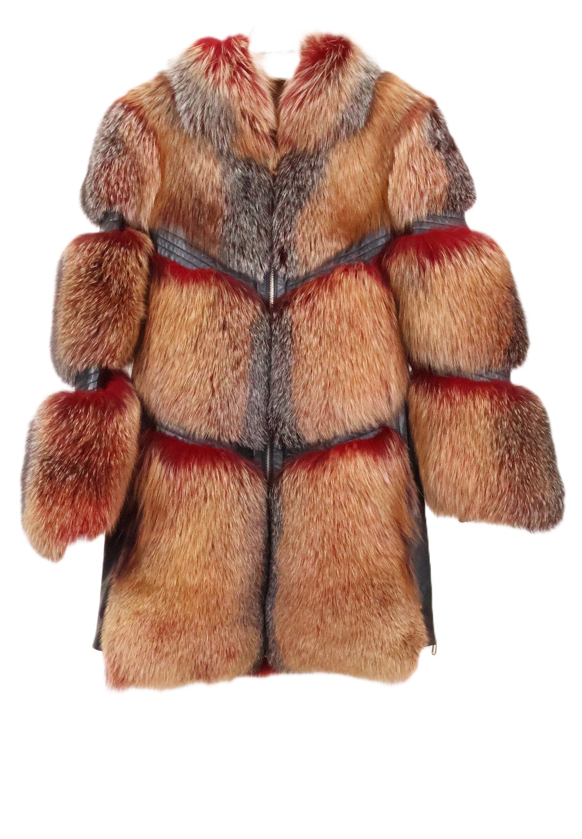 NEW DEEP RED FROST BURGANDY FOX 3/4 JACKET, SIDE LEATHER ZIPPER SLITS, CHEVRON DESIGN W/ WING COLLAR