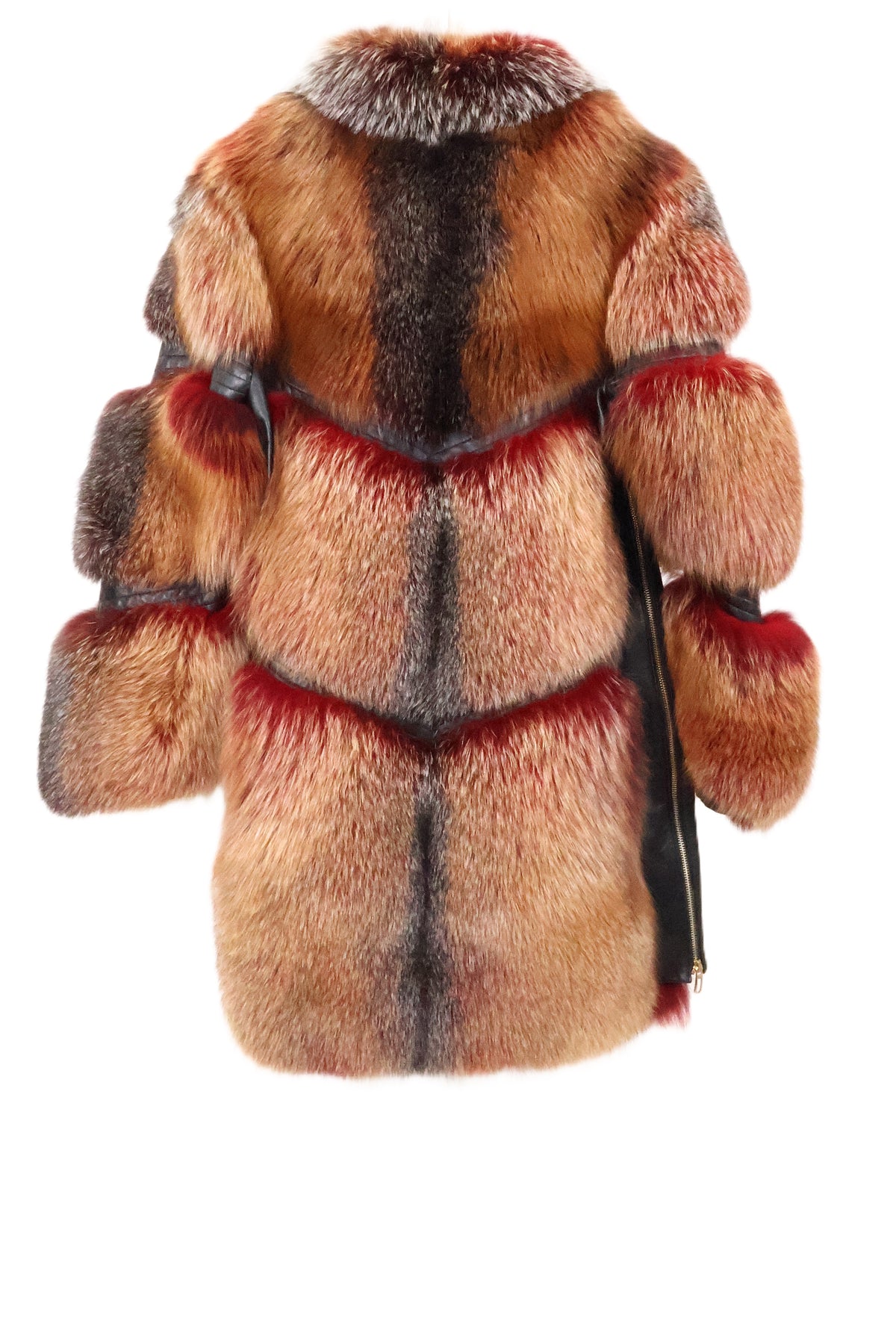 NEW DEEP RED FROST BURGANDY FOX 3/4 JACKET, SIDE LEATHER ZIPPER SLITS, CHEVRON DESIGN W/ WING COLLAR
