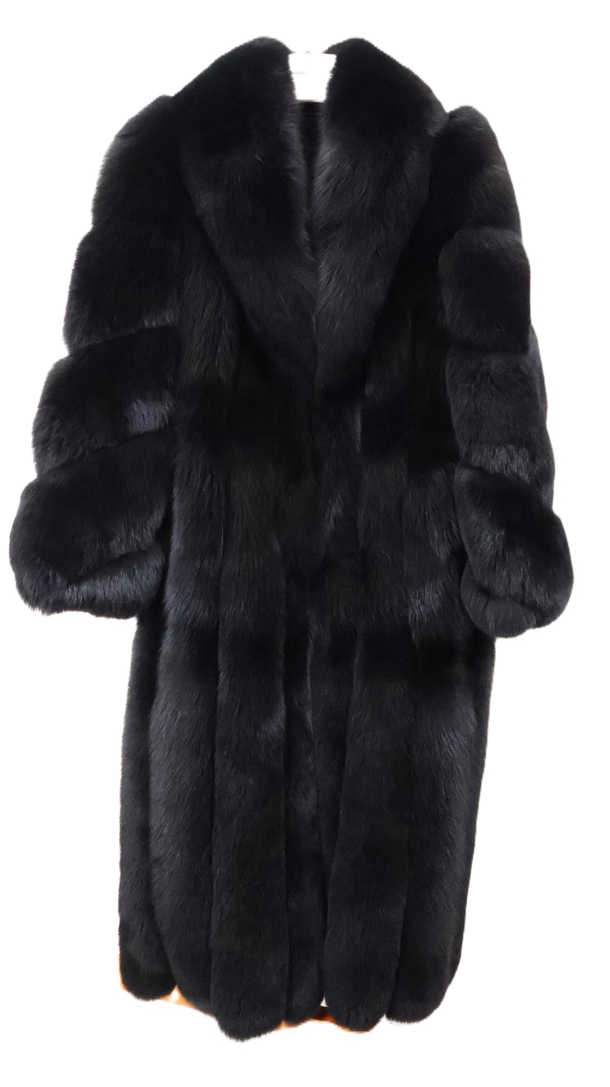 NEW BLACK DYED FOX COAT W/ SHAWL COLLAR, DIAGONAL SLEEVES & INSIDE DRAWSTRING