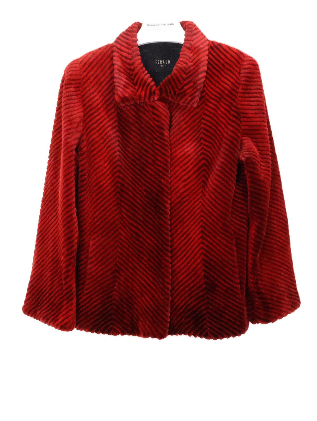 PRE-OWNED FERAUD RED GROOVED SHEARED BEAVER JACKET W/ WING COLLAR & STRAIGHT SLEEVES