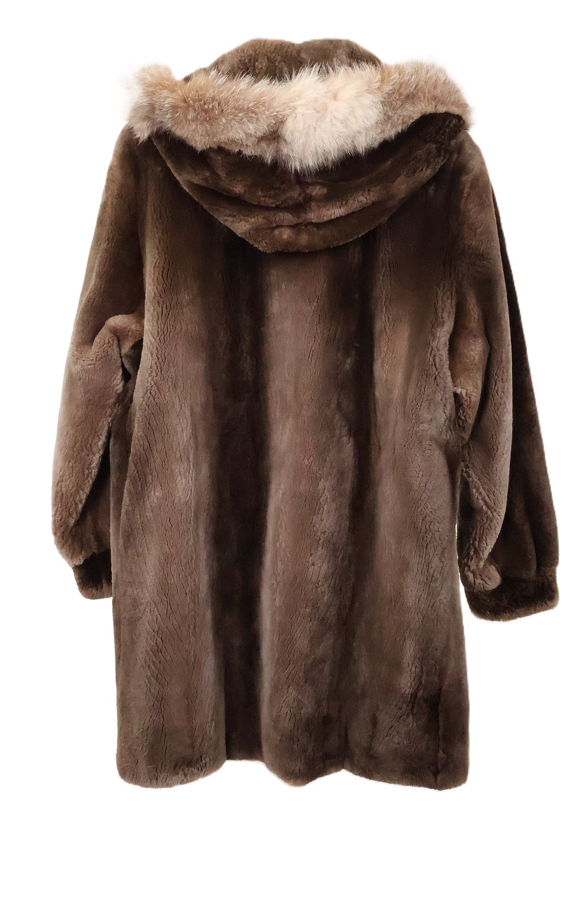 PRE-OWNED NATURAL SHEARED BEAVER HOODED STROLLER W/ CRYSTAL FOX TRIM ON HOOD, BANDED CUFFS, INSIDE DRAWSTRING