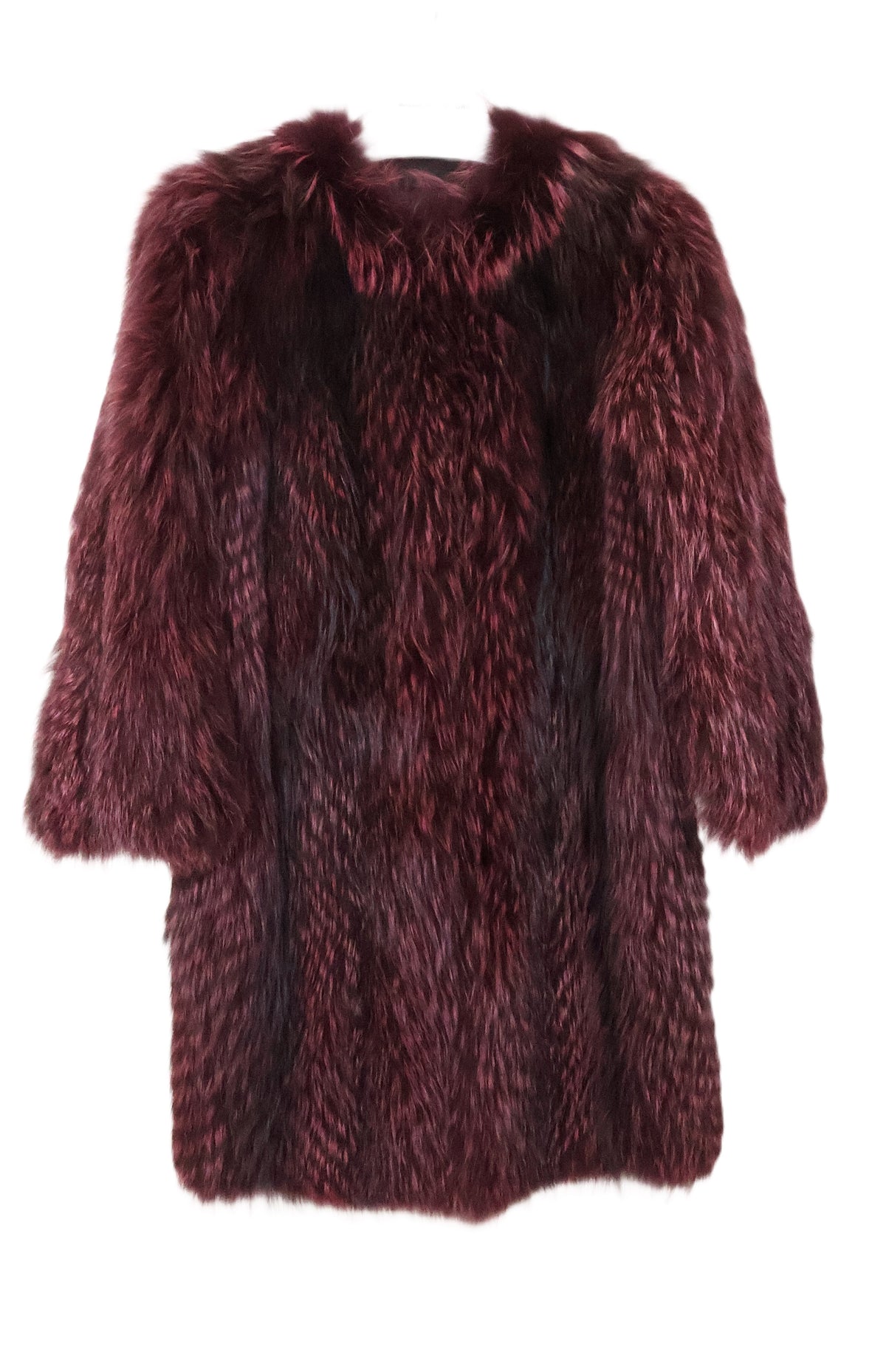 PRE-OWNED MERLOT DYED FEATHERED FOX COLLARLESS STROLLER , STRAIGHT SLEEVES W/ LEATHER INSERTS