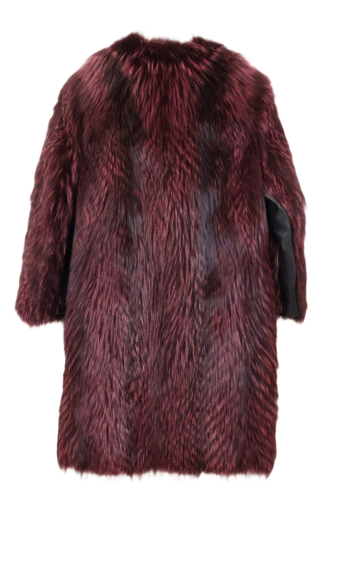 PRE-OWNED MERLOT DYED FEATHERED FOX COLLARLESS STROLLER , STRAIGHT SLEEVES W/ LEATHER INSERTS