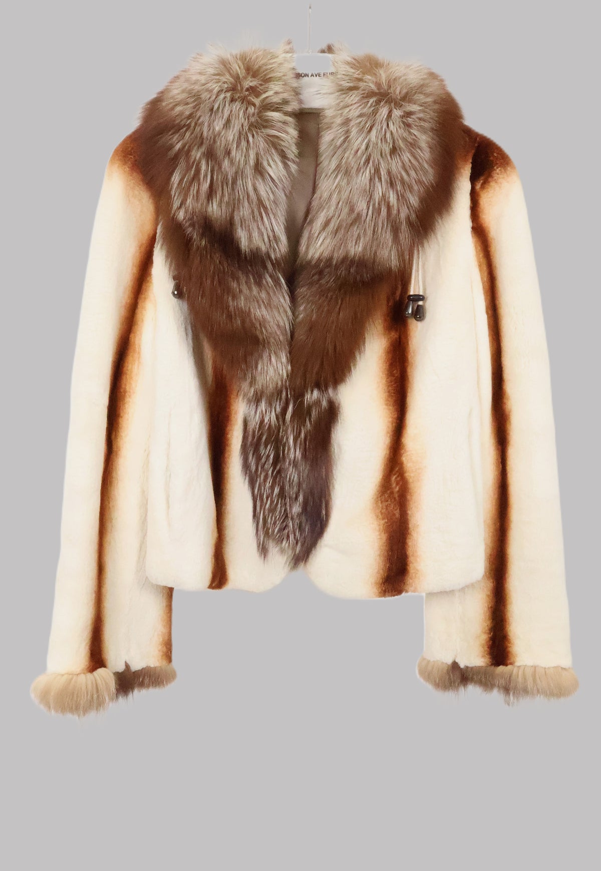 PRE-OWNED SHEARED CREAM/BURNT ORANGE DYED CROSS MINK JACKET W/ SILVER FOX SHAWL COLLAR & TRIM, ADJUSTABLE DRAWSTRING COLLAR & STRAIGHT SLEEVES