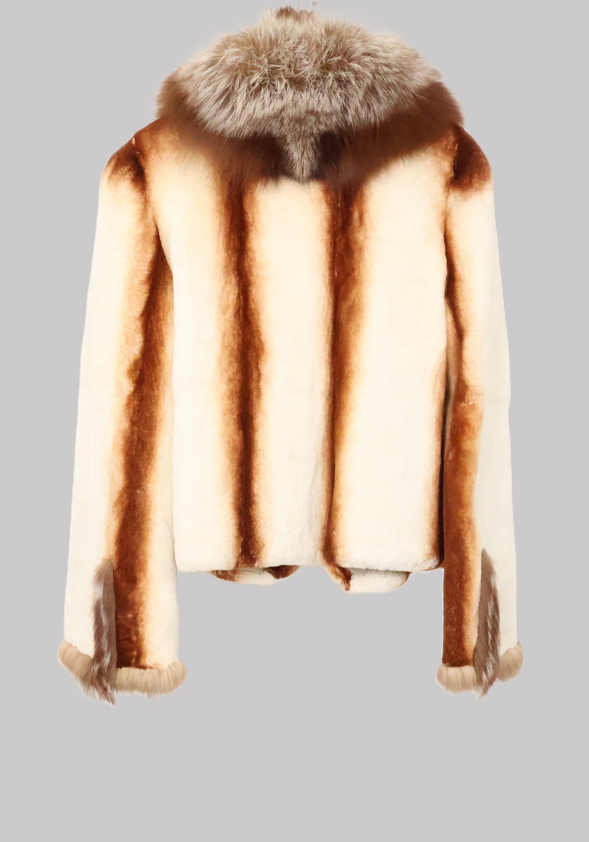 PRE-OWNED SHEARED CREAM/BURNT ORANGE DYED CROSS MINK JACKET W/ SILVER FOX SHAWL COLLAR & TRIM, ADJUSTABLE DRAWSTRING COLLAR & STRAIGHT SLEEVES