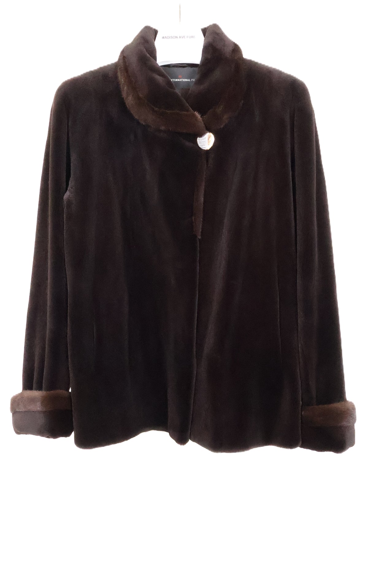 PRE-OWNED BROWN SHEARED MINK JACKET W/ WING COLLAR & TURN BACK CUFFS, LONG HAIRED MINK TRIM