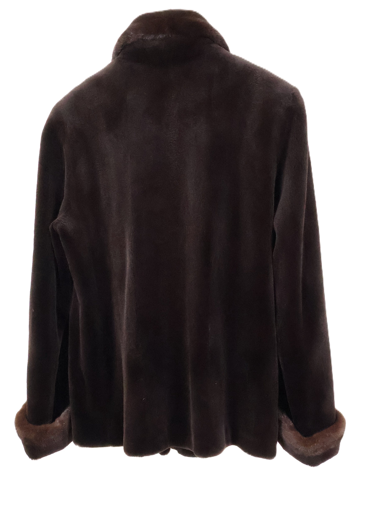 PRE-OWNED BROWN SHEARED MINK JACKET W/ WING COLLAR & TURN BACK CUFFS, LONG HAIRED MINK TRIM
