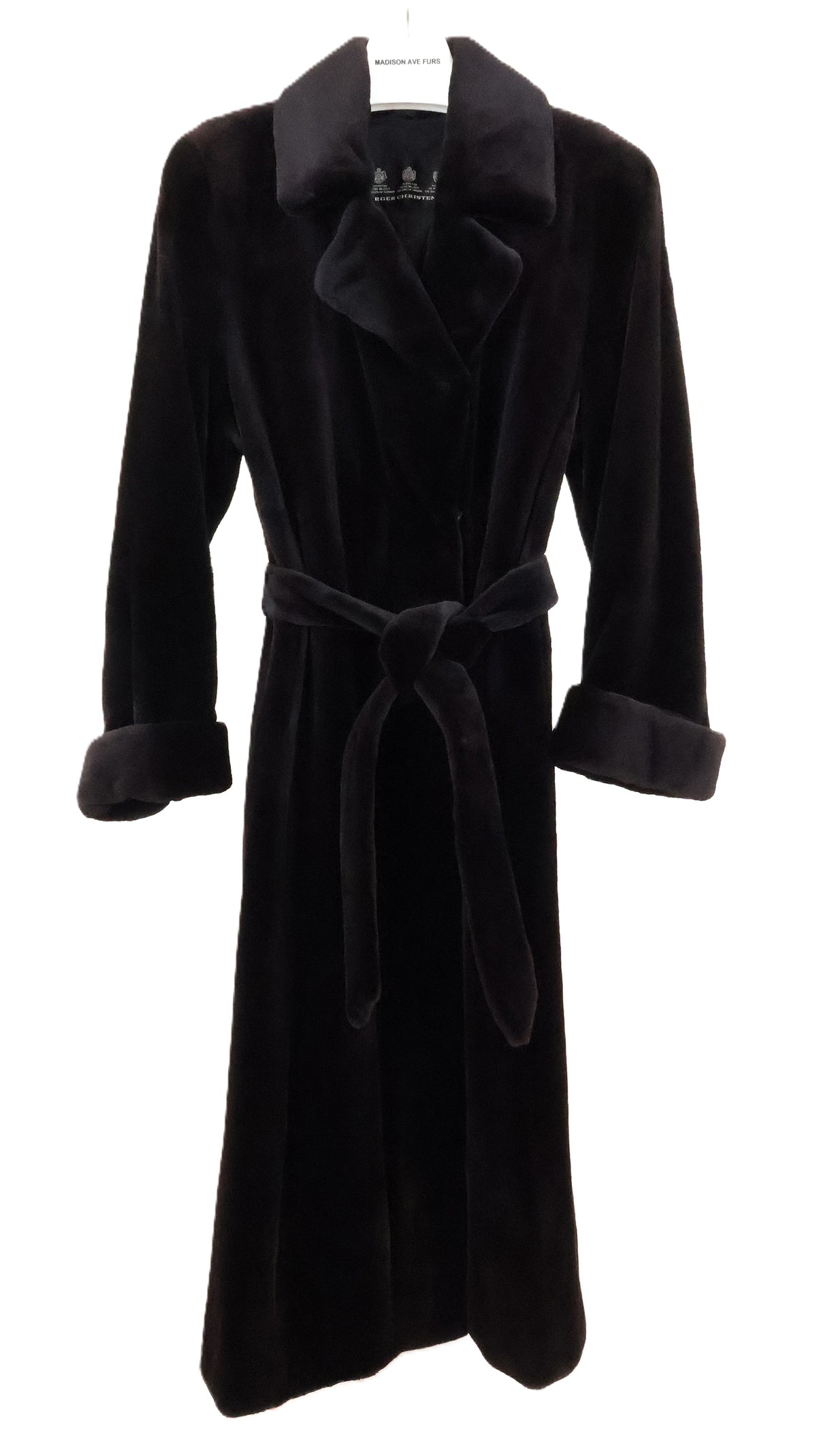PRE-OWNED BIRGER CHRISTENSEN MATARA SHEARED MINK COAT W/ NOTCH COLLAR, TURN BACK CUFFS & WRAP BELT